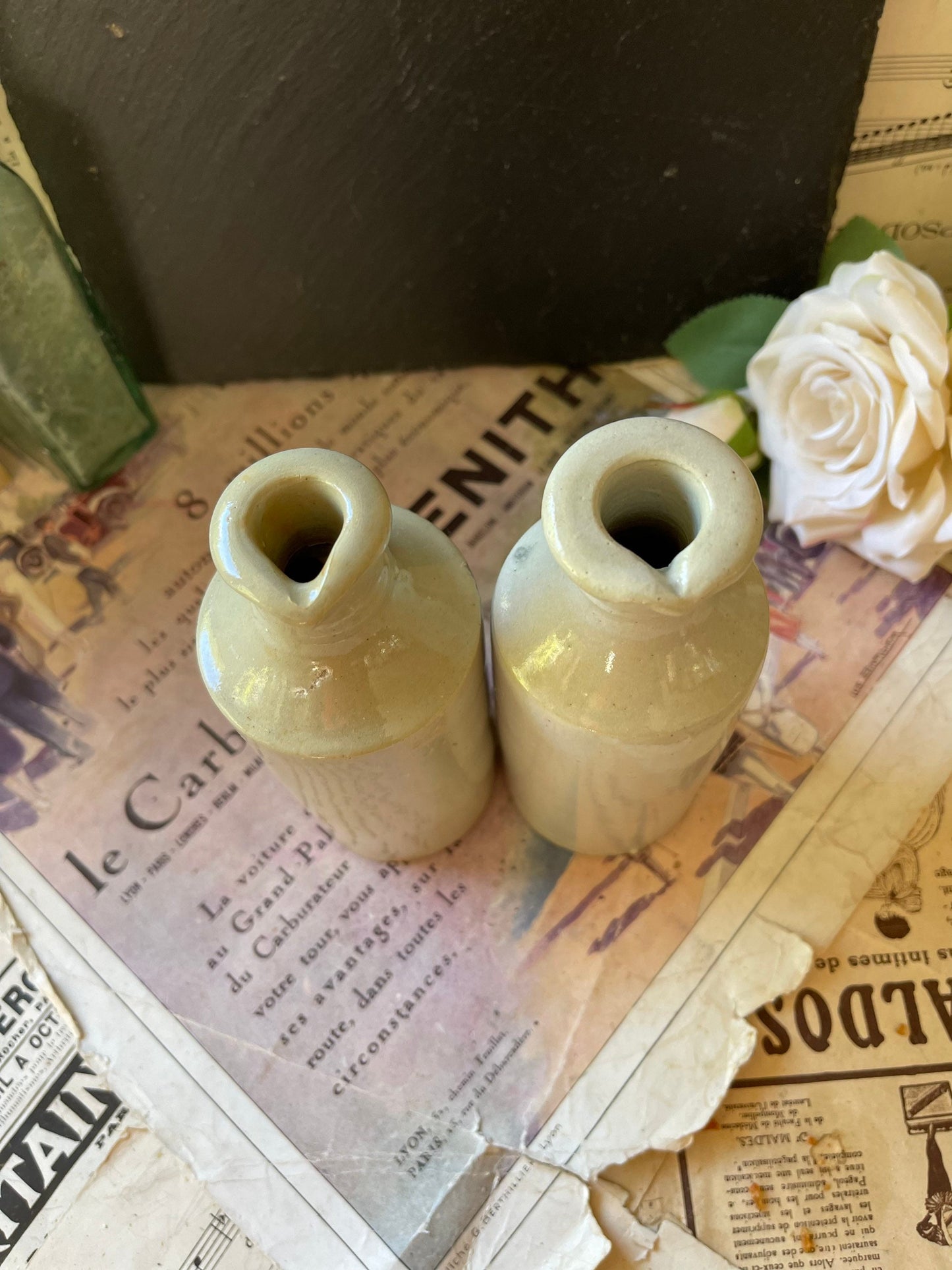 Pair of Antique Stoneware Pouring Ink Bottles / Rustic Display / Bud Vase / Farmhouse Decor