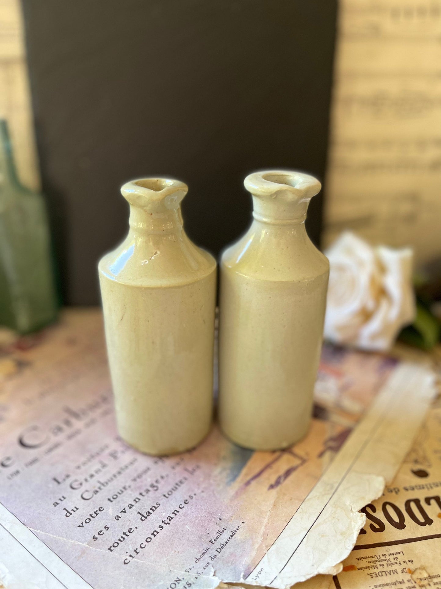 Pair of Antique Stoneware Pouring Ink Bottles / Rustic Display / Bud Vase / Farmhouse Decor