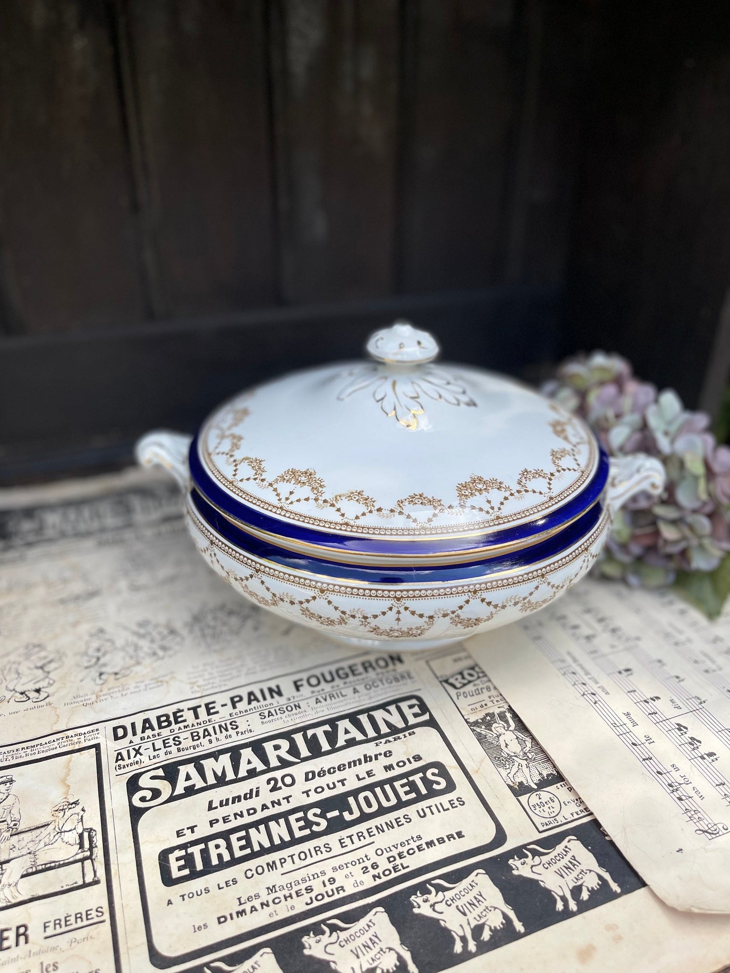 Till and Sons Burslem Transferware Blue, White and Gilt Louis Pattern Design Covered Tureen / Lidded Serving Dish