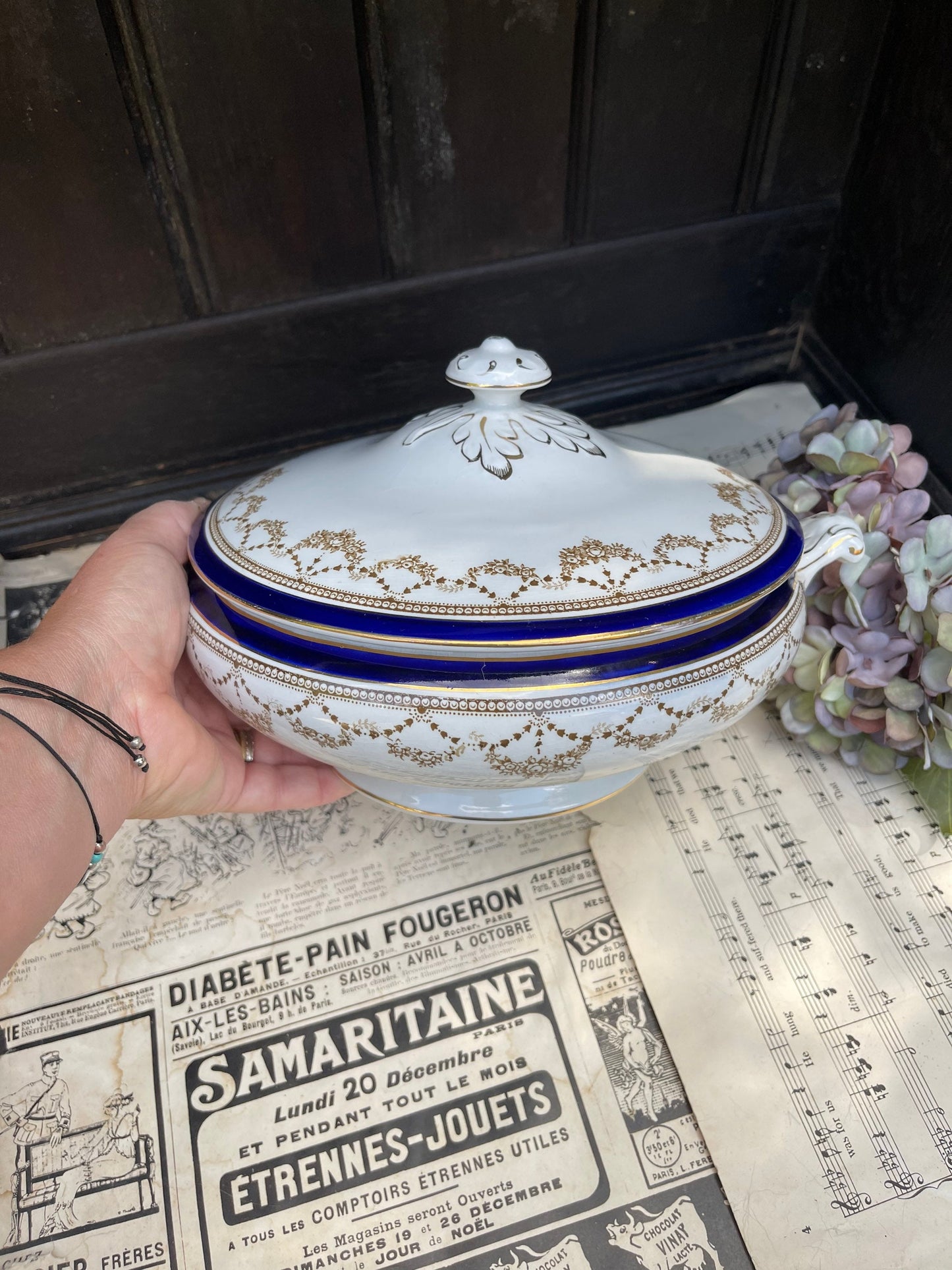 Till and Sons Burslem Transferware Blue, White and Gilt Louis Pattern Design Covered Tureen / Lidded Serving Dish