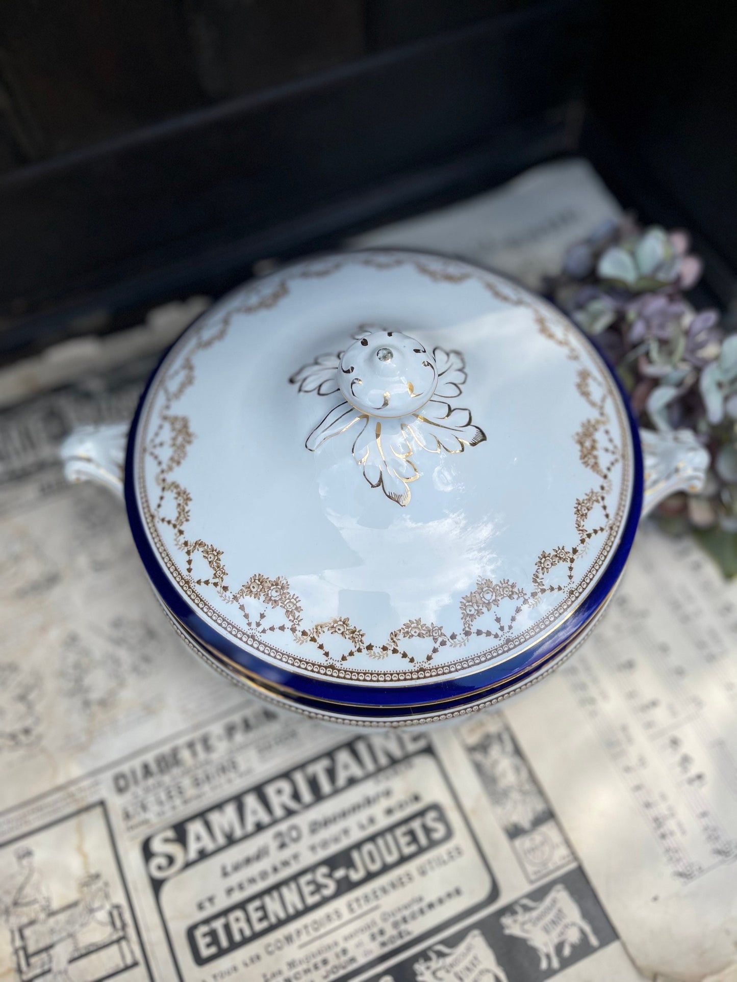 Till and Sons Burslem Transferware Blue, White and Gilt Louis Pattern Design Covered Tureen / Lidded Serving Dish