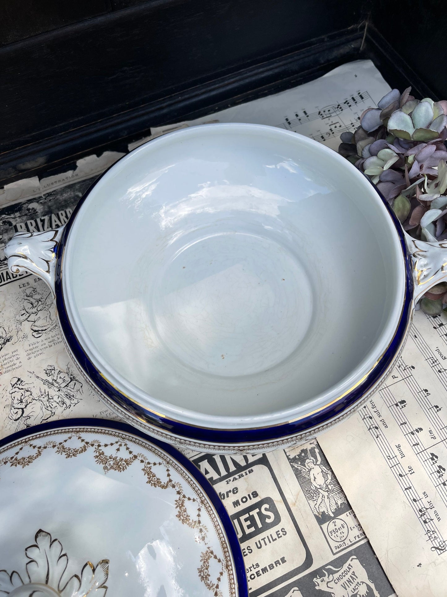 Till and Sons Burslem Transferware Blue, White and Gilt Louis Pattern Design Covered Tureen / Lidded Serving Dish