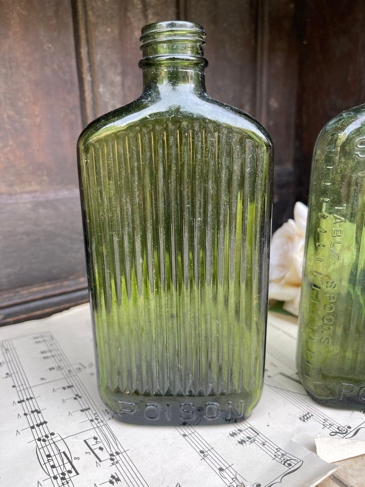 Two Green Ribbed Antique Poison Bottles / 1920s / Table Spoon Measures / Sanizal Bottle / Green Bottle