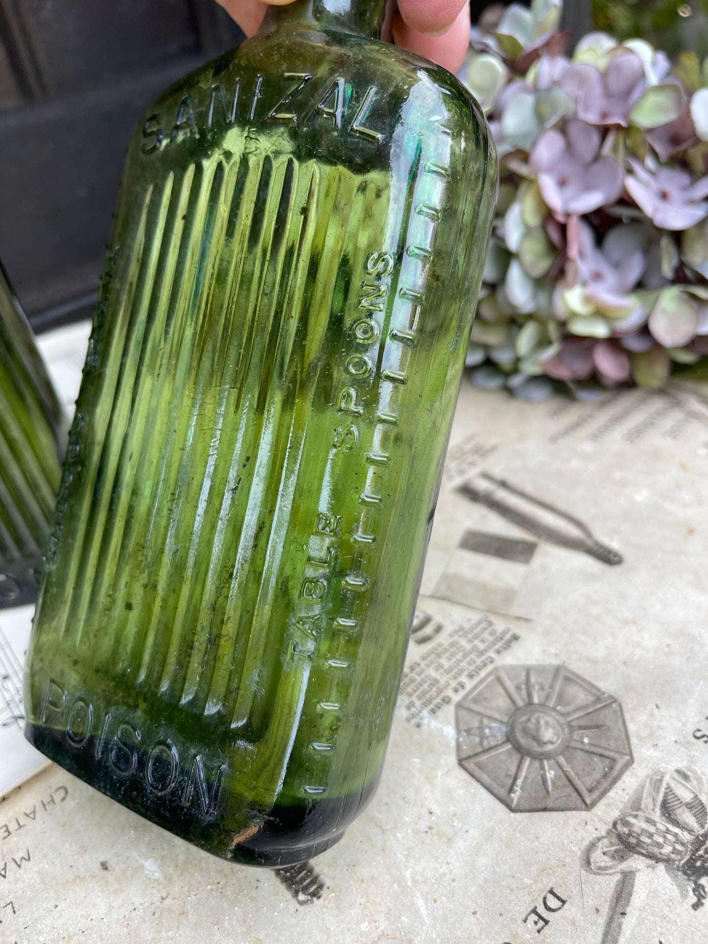 Two Green Ribbed Antique Poison Bottles / 1920s / Table Spoon Measures / Sanizal Bottle / Green Bottle