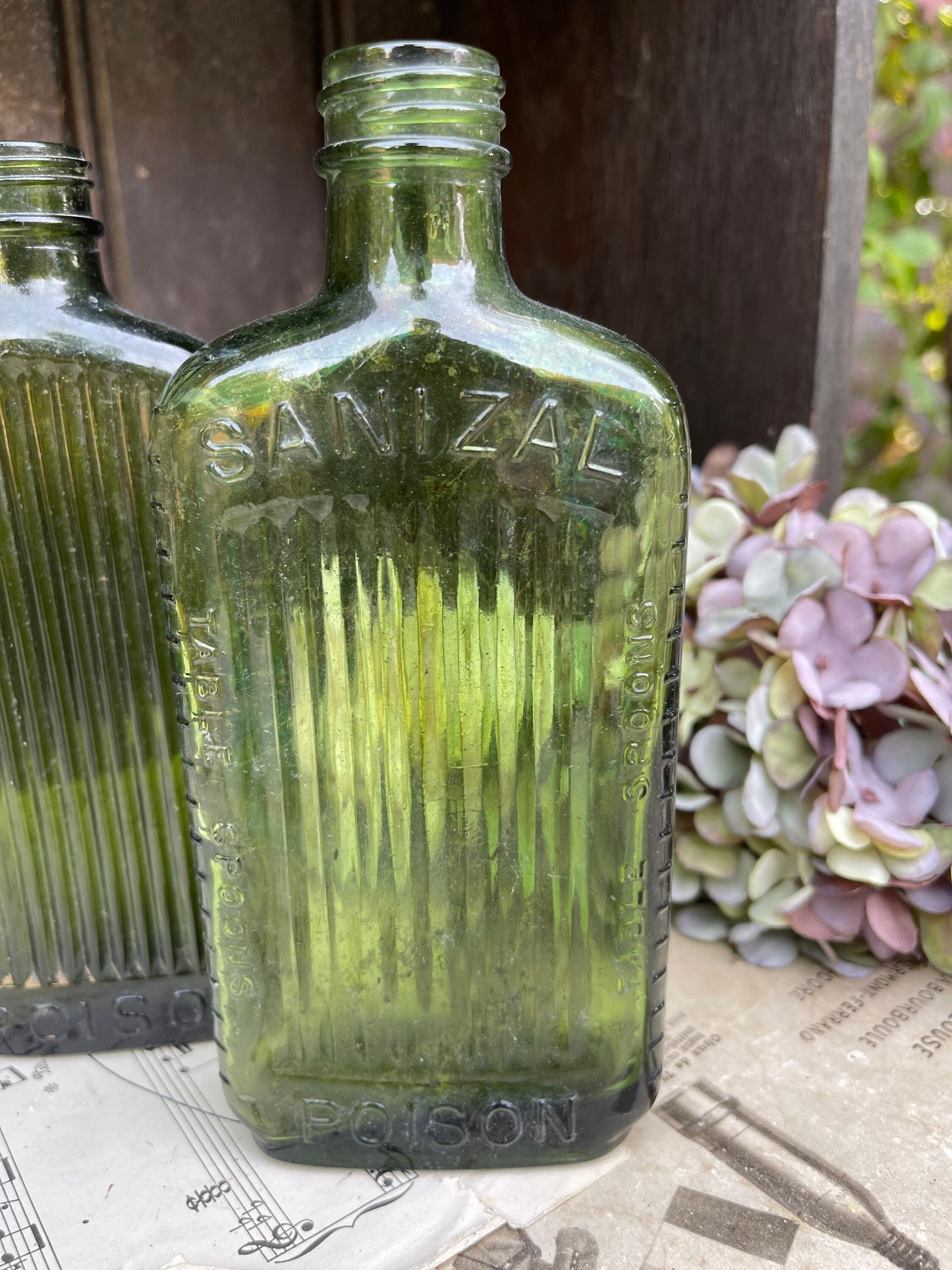 Two Green Ribbed Antique Poison Bottles / 1920s / Table Spoon Measures / Sanizal Bottle / Green Bottle