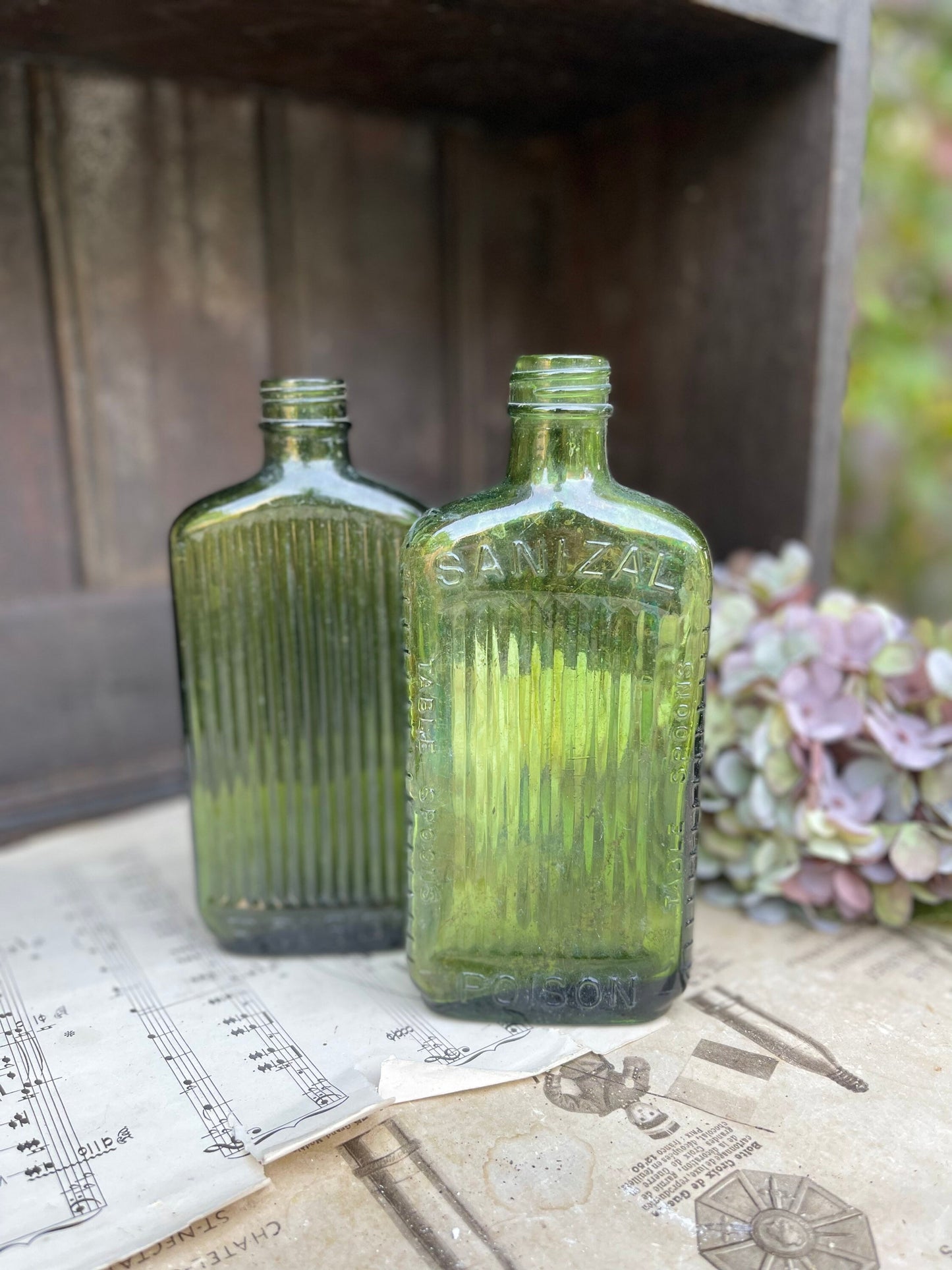 Two Green Ribbed Antique Poison Bottles / 1920s / Table Spoon Measures / Sanizal Bottle / Green Bottle