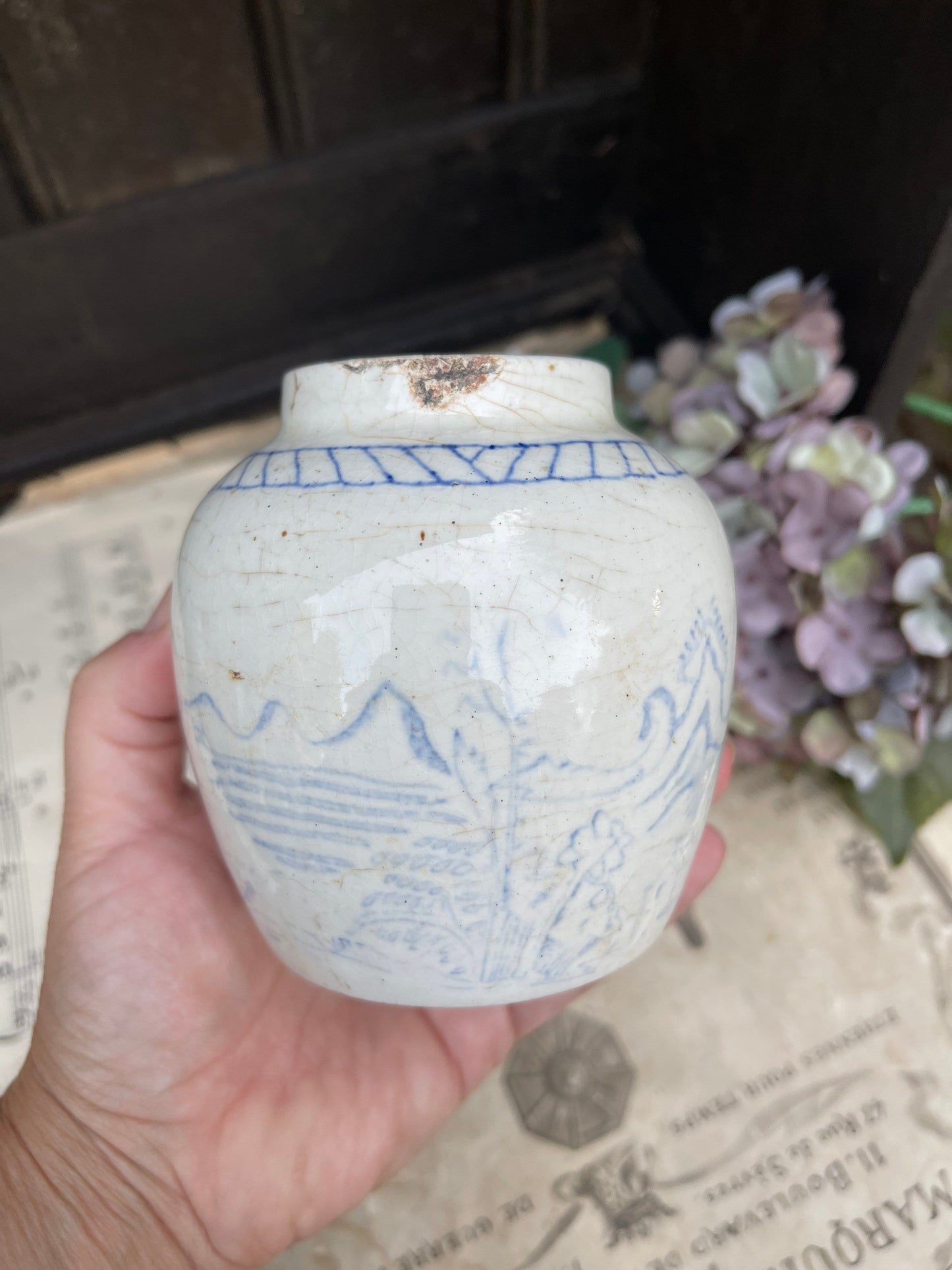 Antique Chinese Ginger or Spice Jar / 19th Century Blue and White Ironstone Pottery Ginger Jar / Chinoiserie Decor, / Oriental Scenes