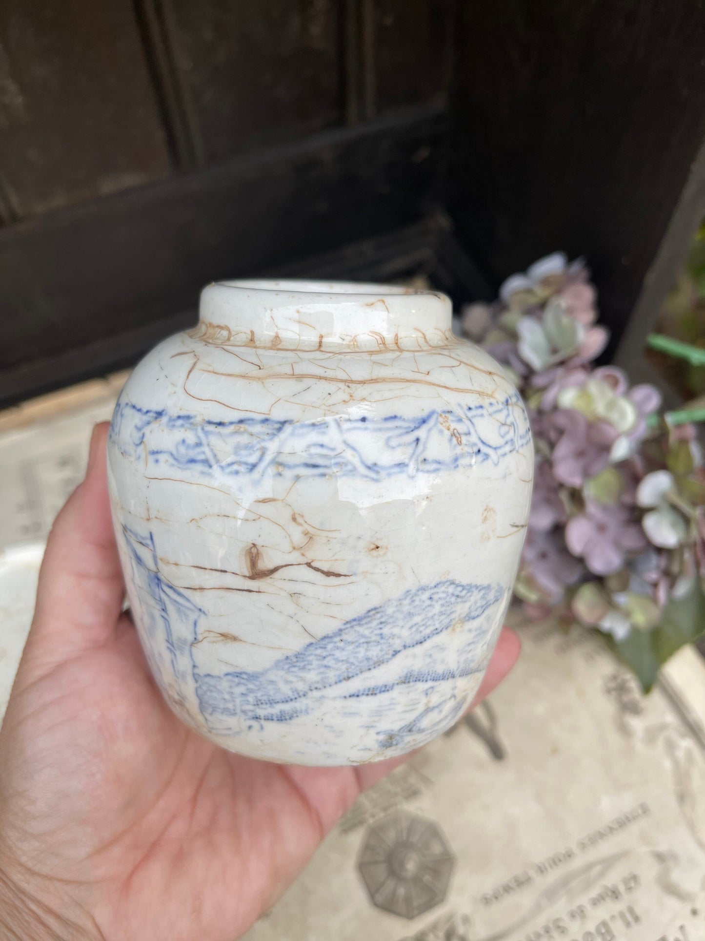 Antique Chinese Ginger or Spice Jar / 19th Century Blue and White Ironstone Pottery Ginger Jar / Chinoiserie Decor, / Oriental Scenes