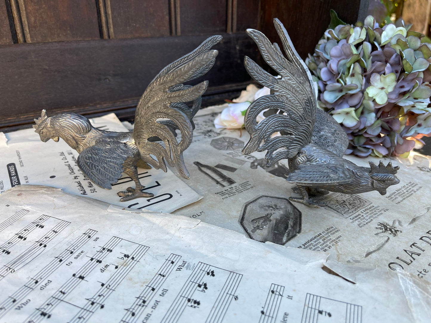 Pair Of Silver Metal Fighting Cockerels / Cocks / Chickens / Hens / Vintage Table Centrepieces