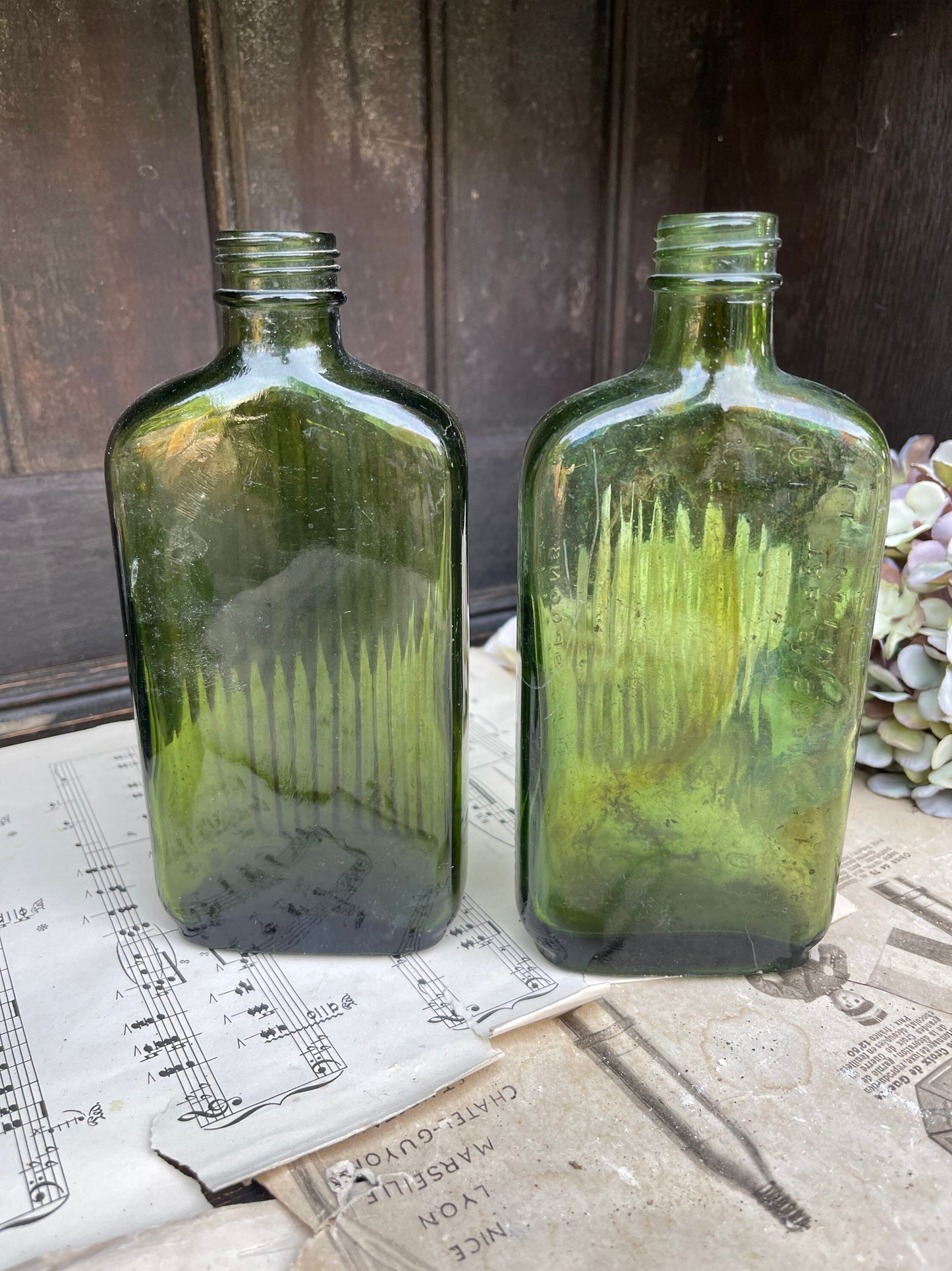 Two Green Ribbed Antique Poison Bottles / 1920s / Table Spoon Measures / Sanizal Bottle / Green Bottle