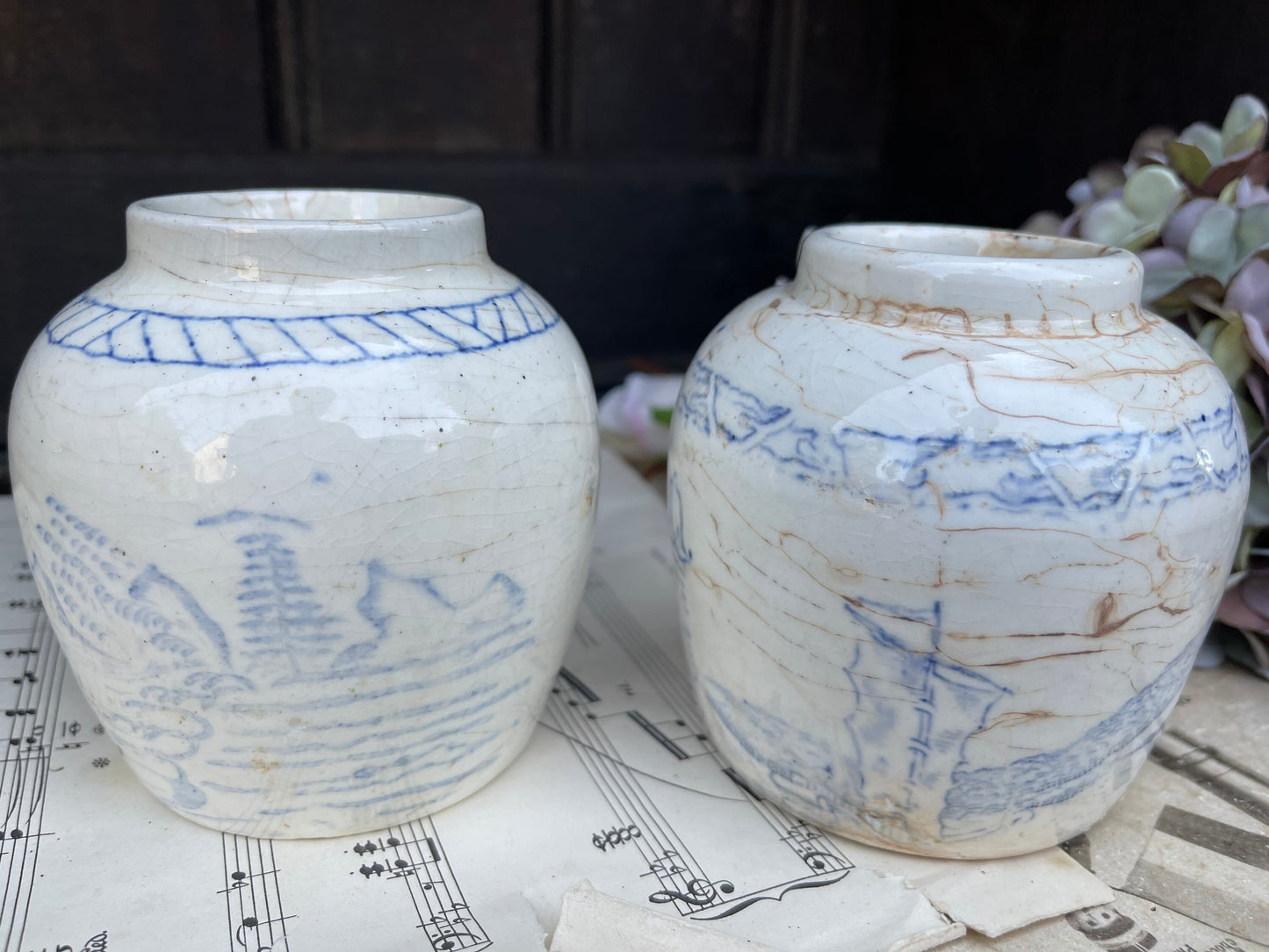 Antique Chinese Ginger or Spice Jar / 19th Century Blue and White Ironstone Pottery Ginger Jar / Chinoiserie Decor, / Oriental Scenes