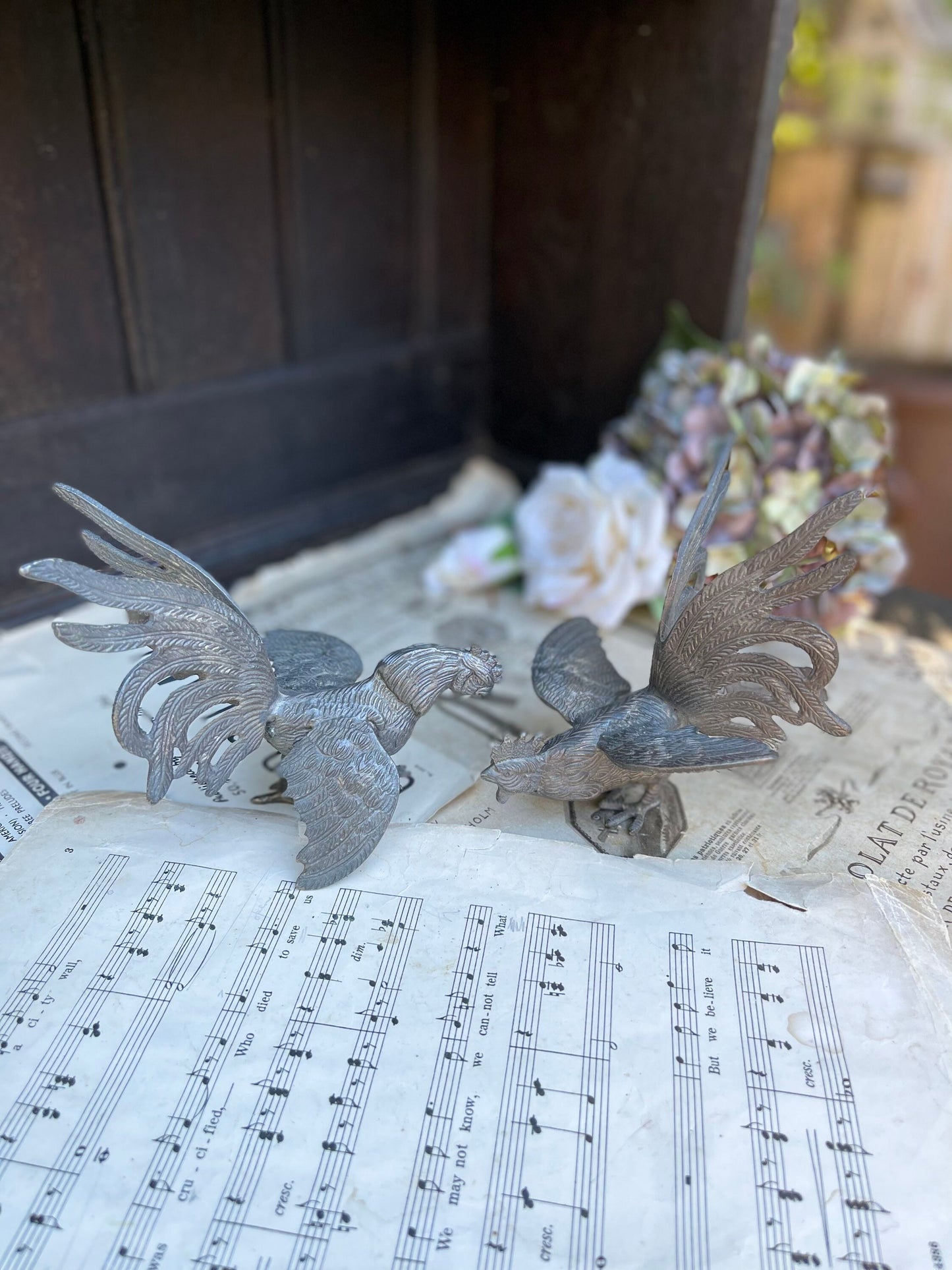 Pair Of Silver Metal Fighting Cockerels / Cocks / Chickens / Hens / Vintage Table Centrepieces