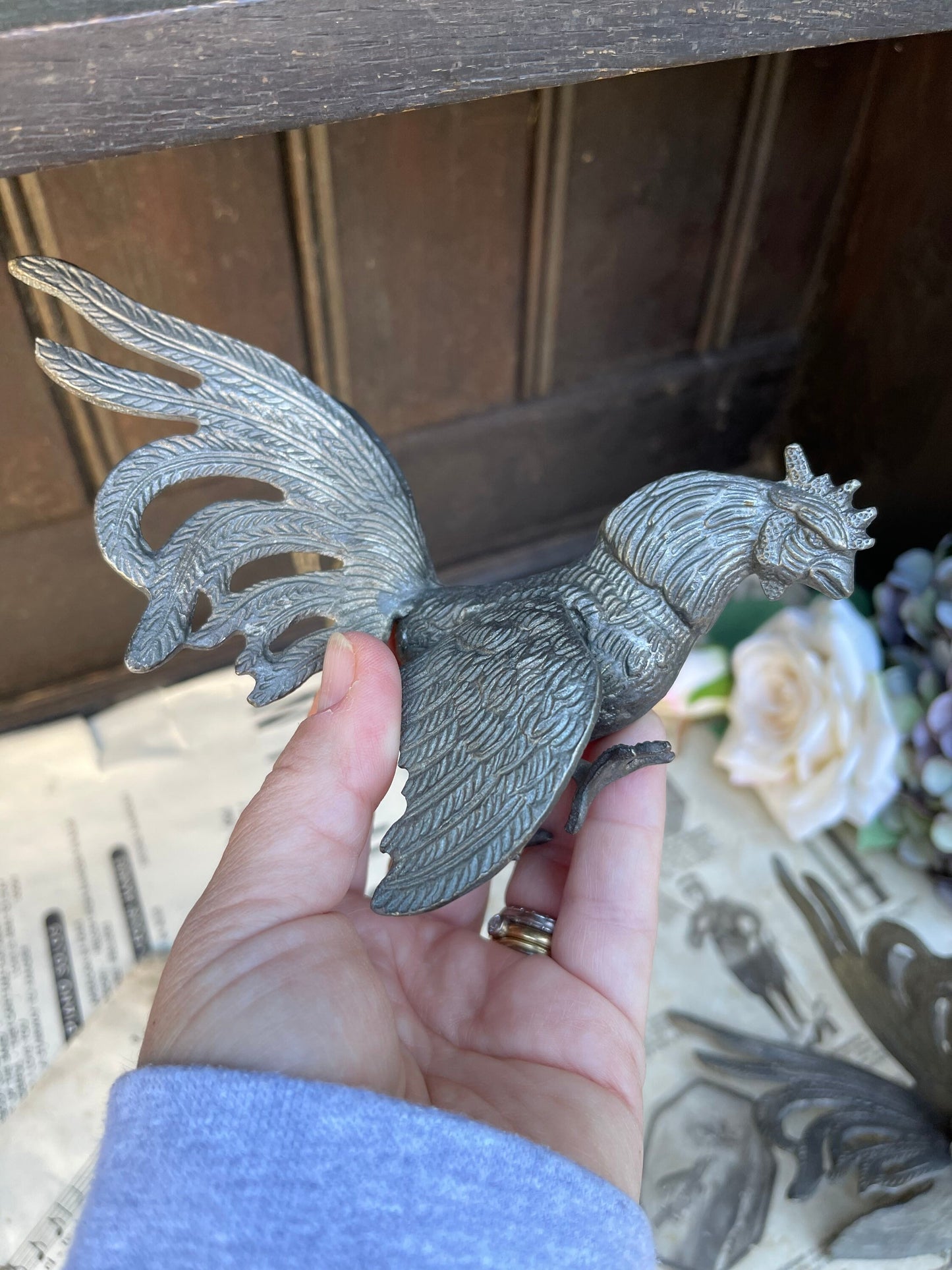 Pair Of Silver Metal Fighting Cockerels / Cocks / Chickens / Hens / Vintage Table Centrepieces