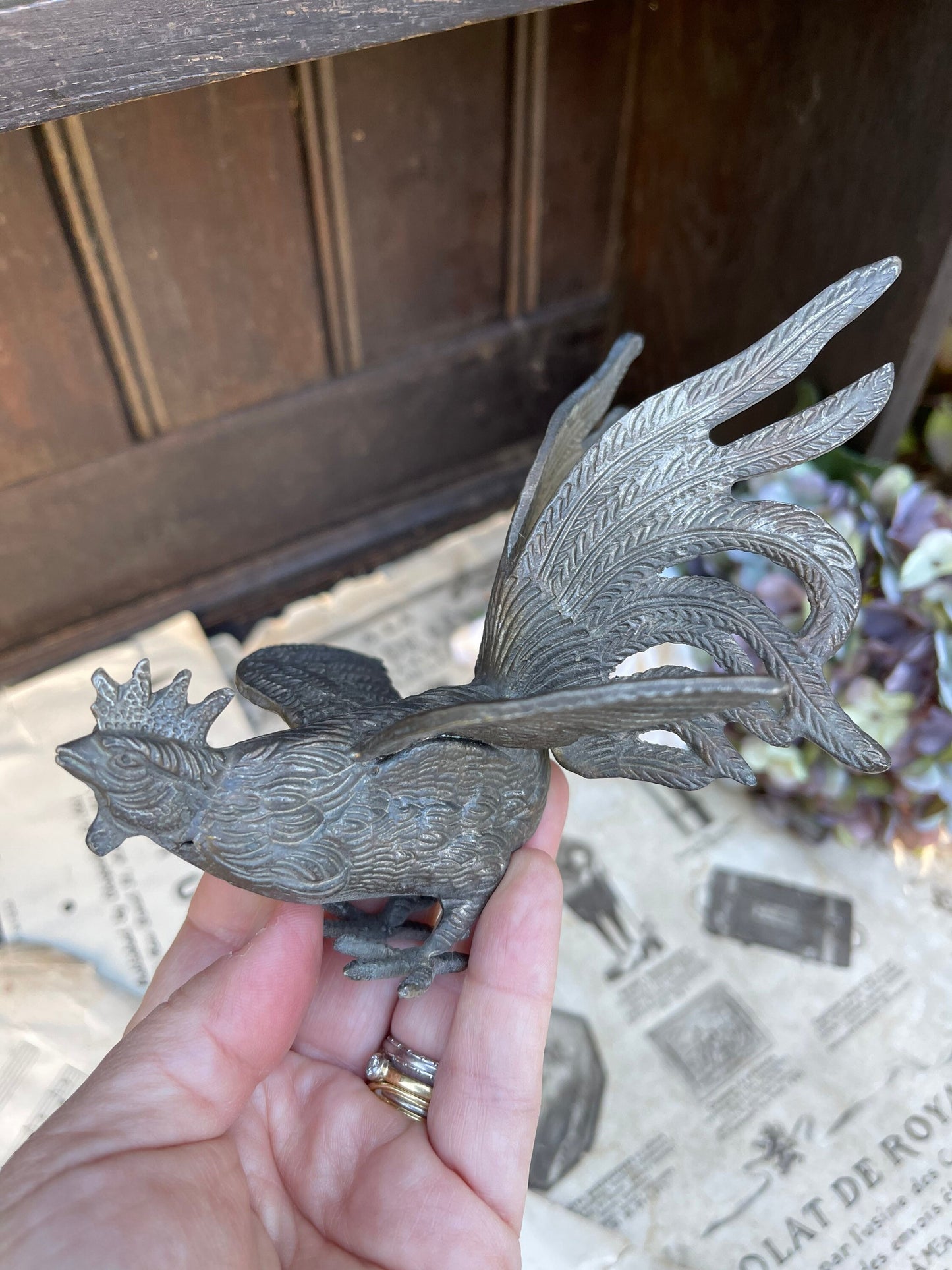 Pair Of Silver Metal Fighting Cockerels / Cocks / Chickens / Hens / Vintage Table Centrepieces