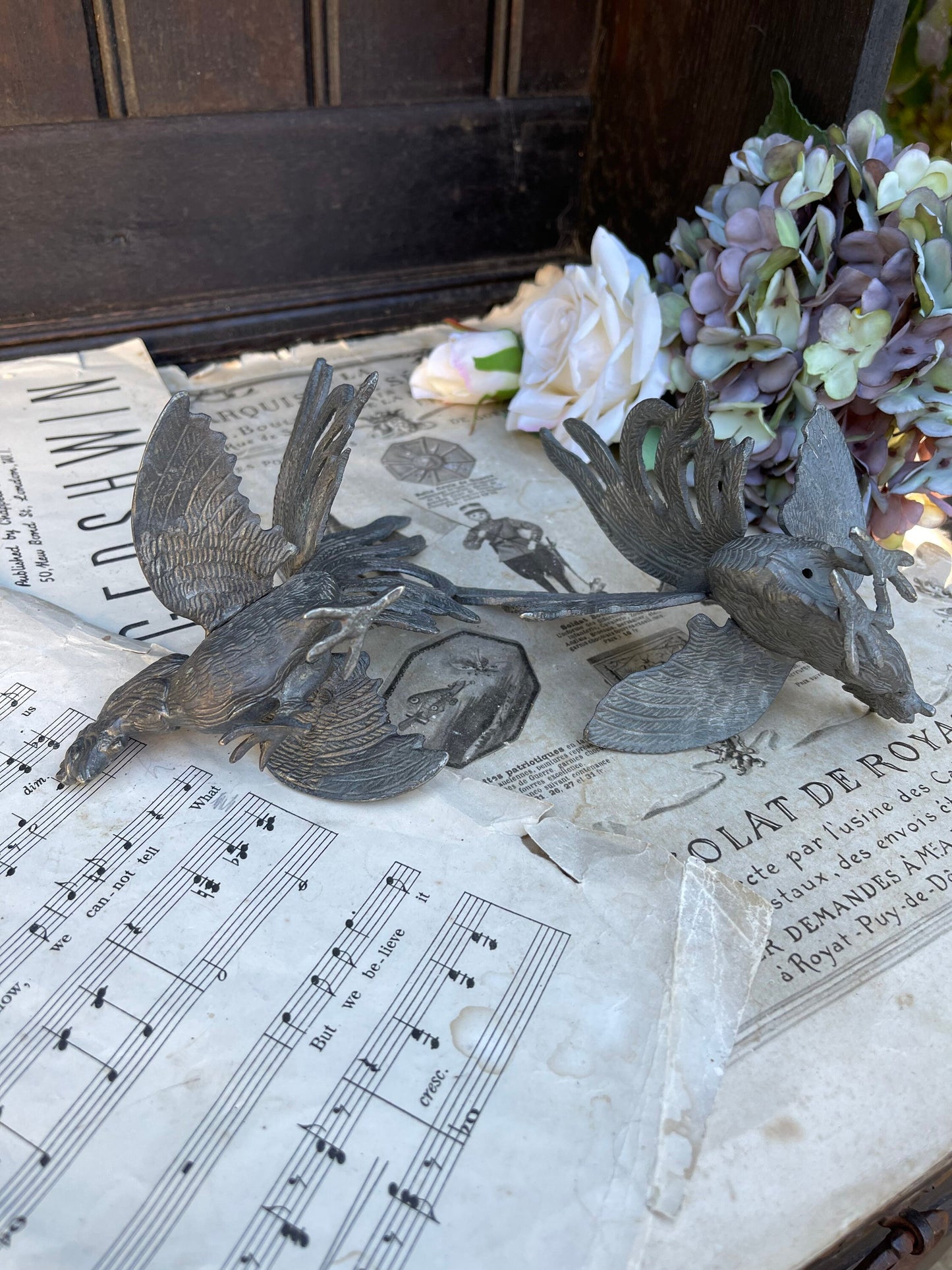 Pair Of Silver Metal Fighting Cockerels / Cocks / Chickens / Hens / Vintage Table Centrepieces