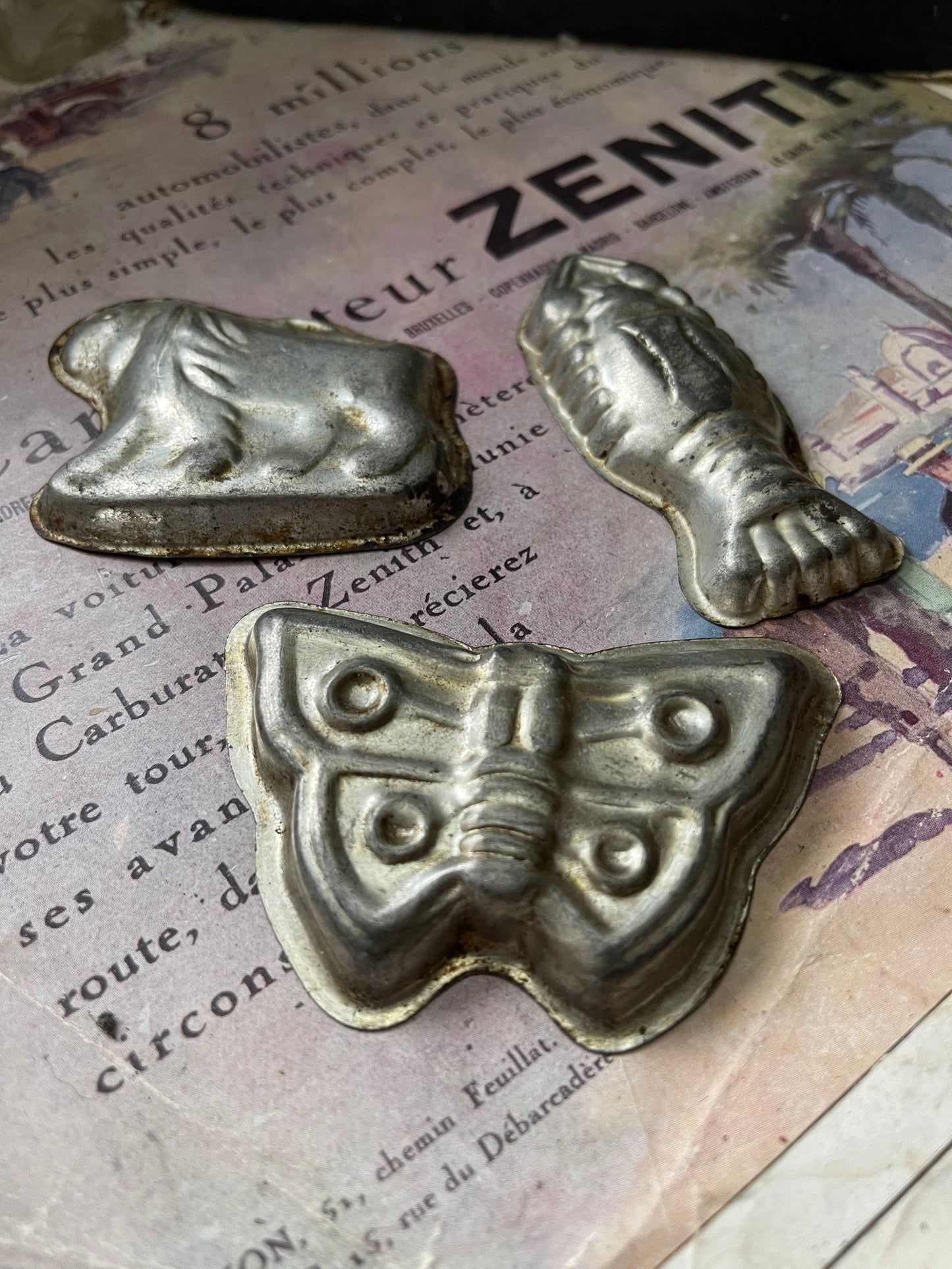 Set of Three Rustic Vintage Tin Chocolate Moulds / Butterfly/ Lobster / Bear