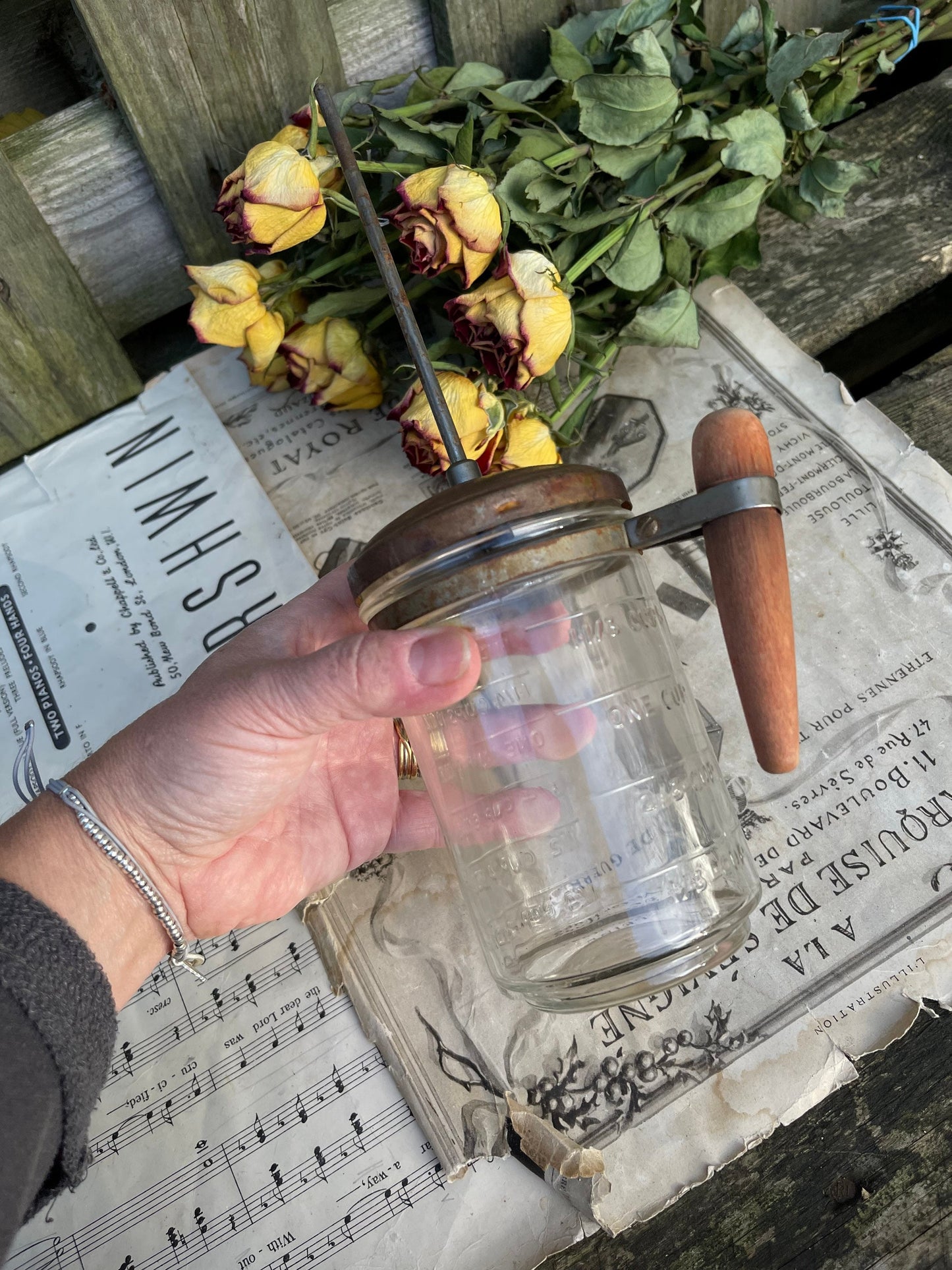 Vintage Hazel Atlas Kitchen Chopper with Glass Measuring Cup / Nut Chopper