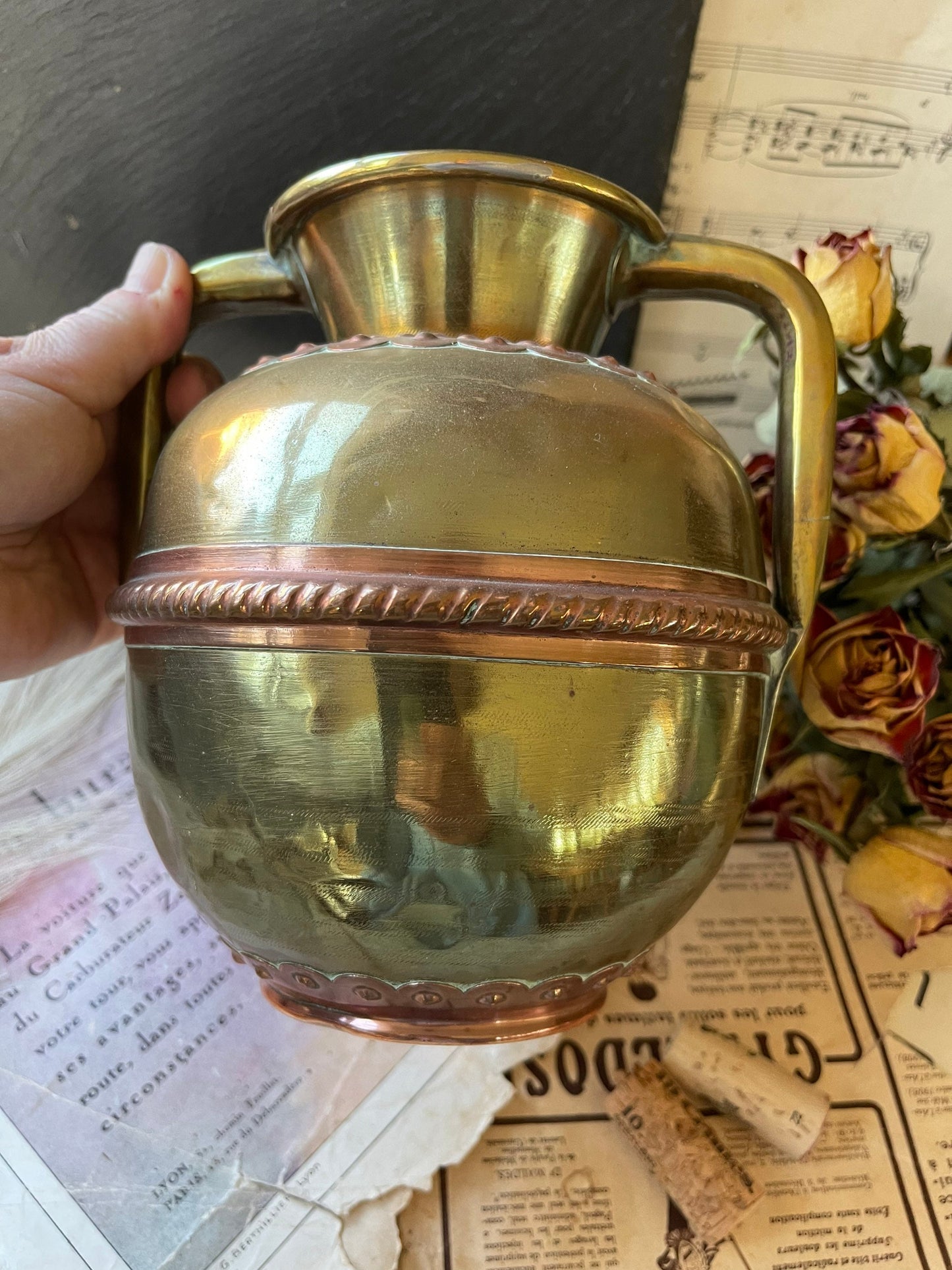 Antique French Twin Handled Brass and Copper Water Urn / Vase / Water Pitcher