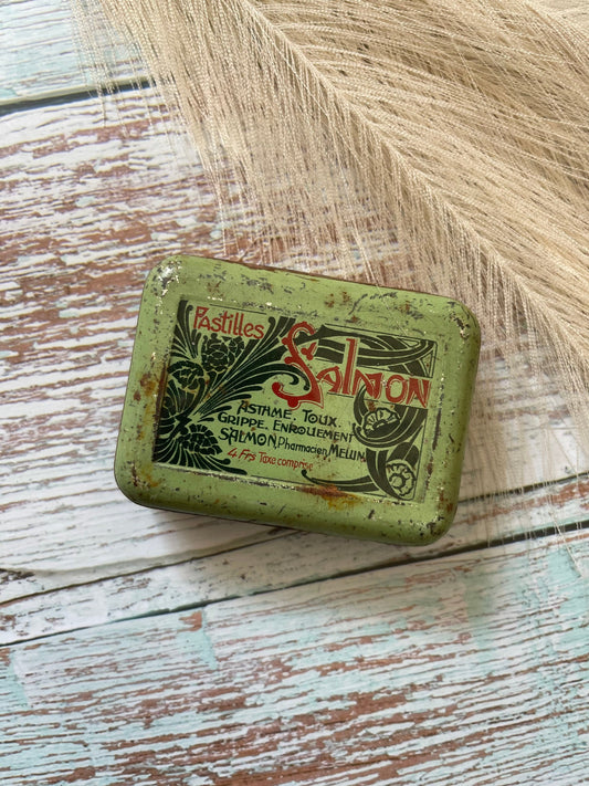 Antique French Tin / Salmon Pastilles / Art Nouveau / Medicine Box / Decorative Antique Green Tin