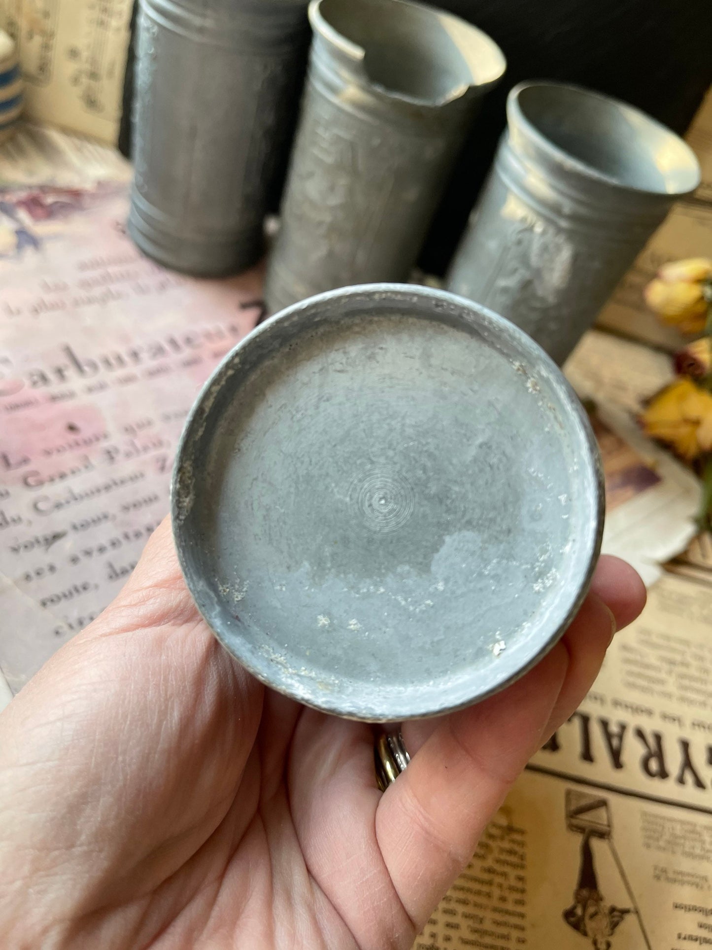 Set of Four Antique Pewter / Tin Beakers Featuring a Tavern Scene - French / Northern European Wine or Ale Cups / Tankard