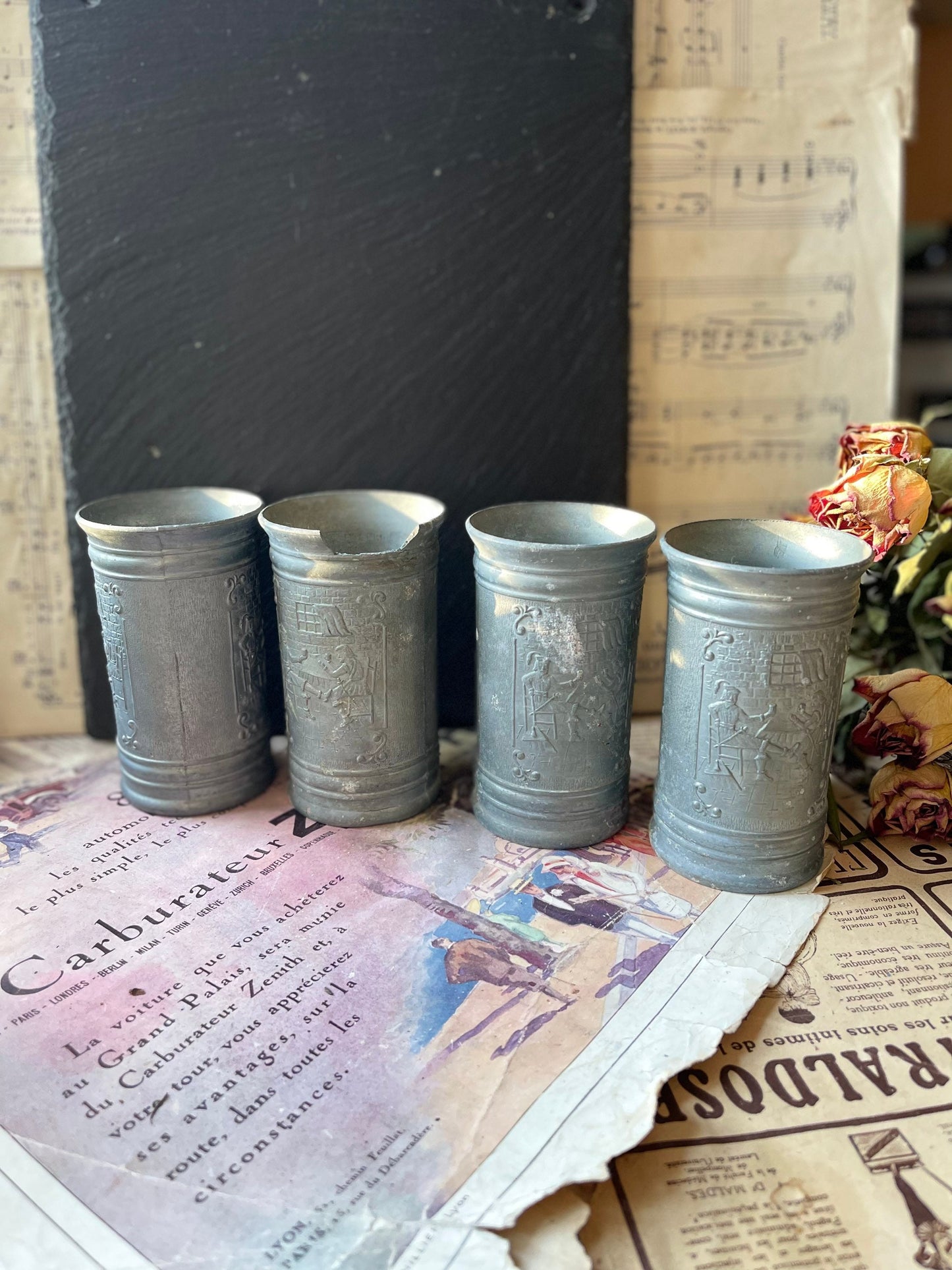 Set of Four Antique Pewter / Tin Beakers Featuring a Tavern Scene - French / Northern European Wine or Ale Cups / Tankard