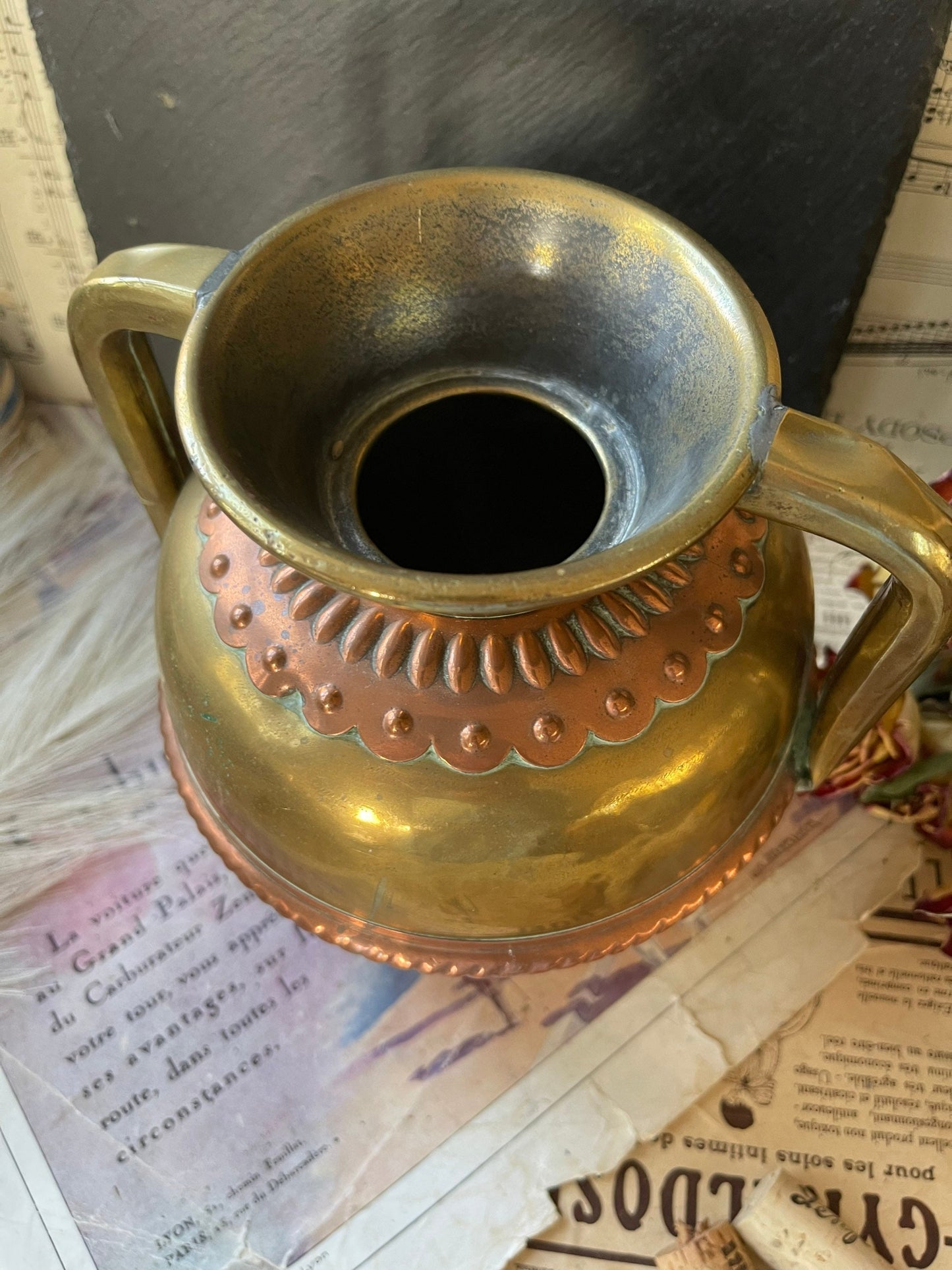 Antique French Twin Handled Brass and Copper Water Urn / Vase / Water Pitcher