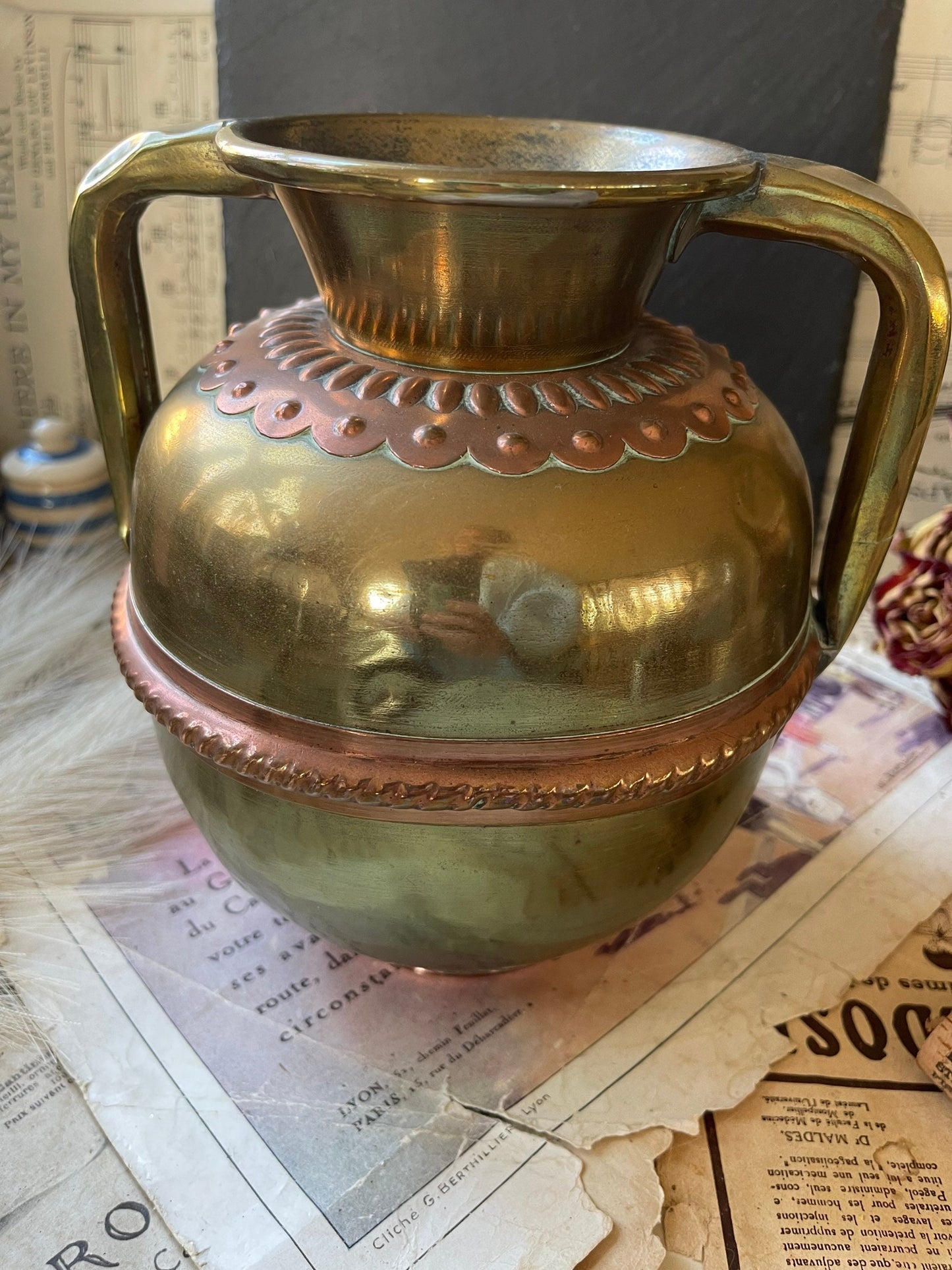 Antique French Twin Handled Brass and Copper Water Urn / Vase / Water Pitcher