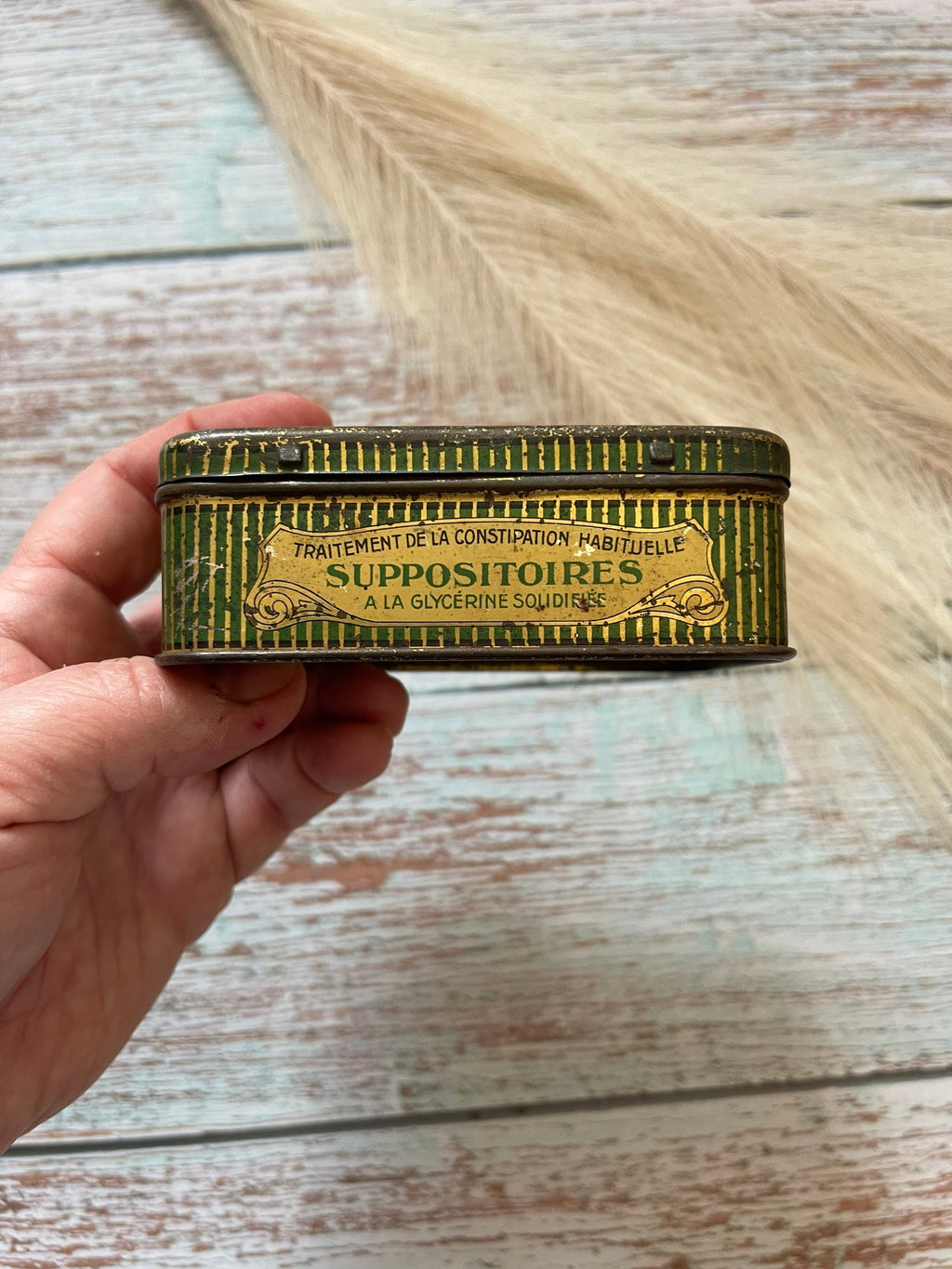 Antique French Pharmacie a Bailly Suppositoires Tin / Vintage French Medicine Tin / Green Advertising Box / Pharmacy Godeau & Bailly Paris
