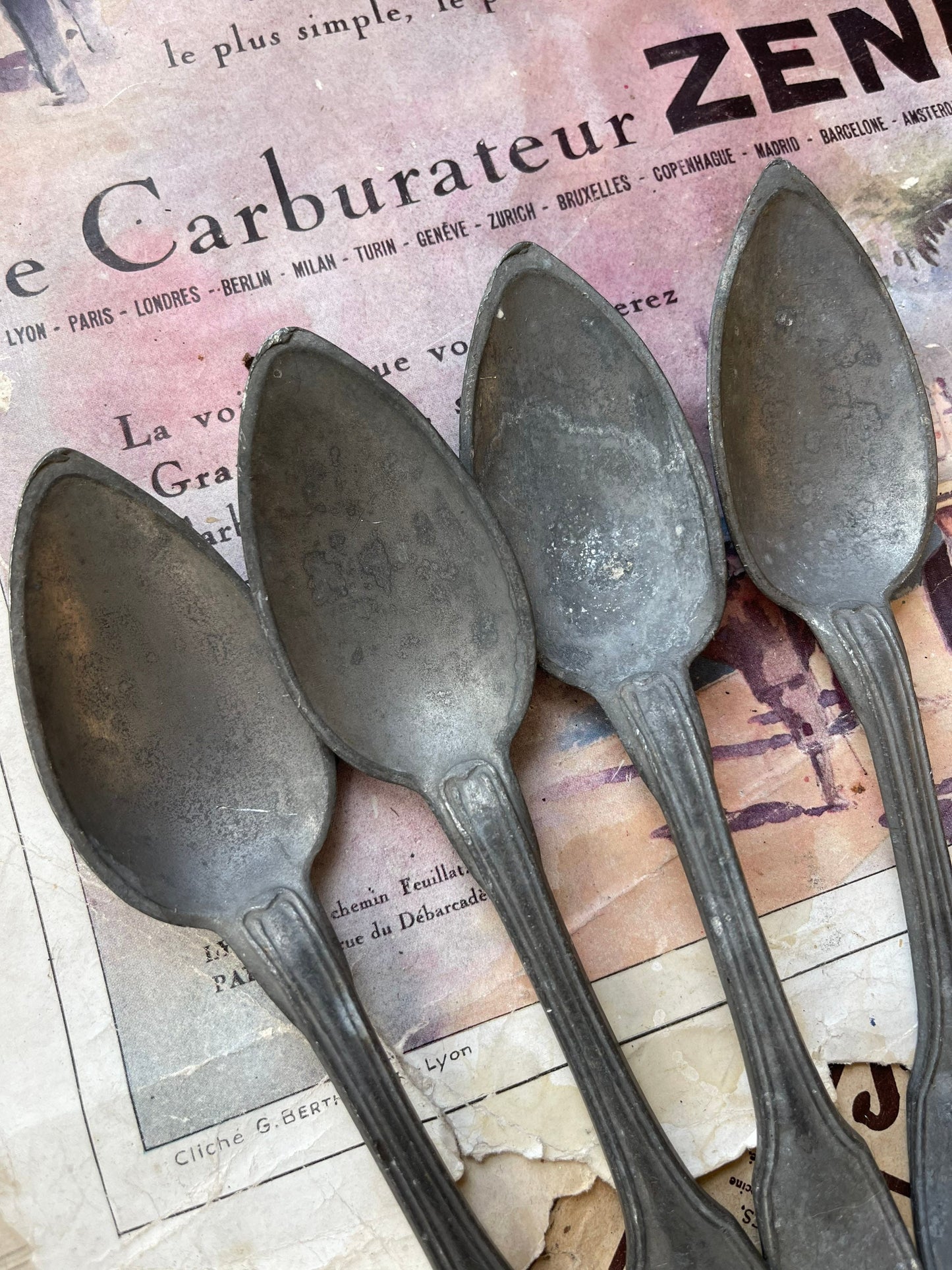 Set of Four Antique 18th/19th Century French Pewter Spoons / Fiddle Shape / Cuillères à Ragoût