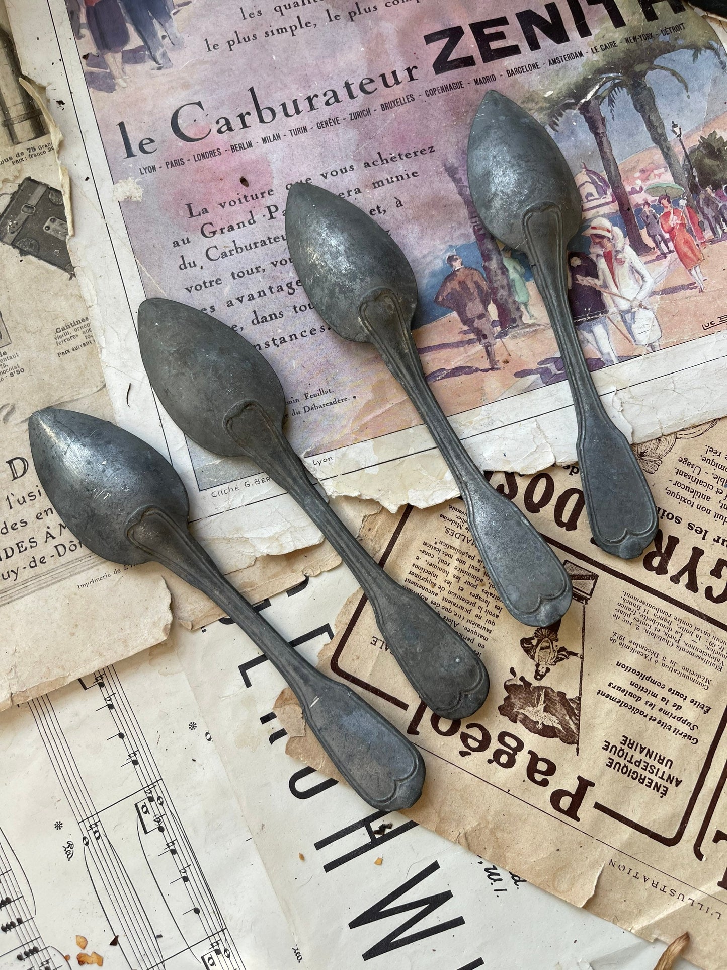 Set of Four Antique 18th/19th Century French Pewter Spoons / Fiddle Shape / Cuillères à Ragoût