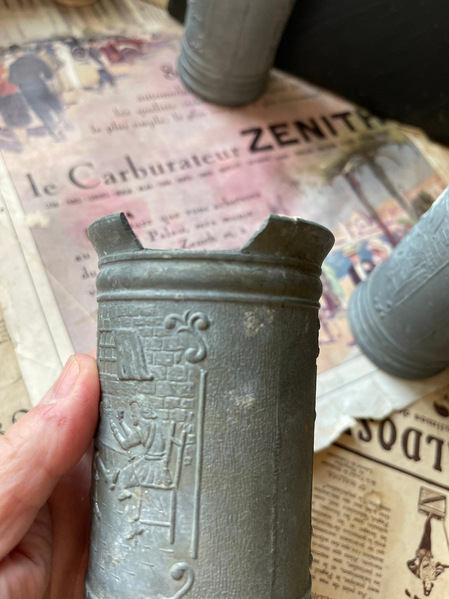 Set of Four Antique Pewter / Tin Beakers Featuring a Tavern Scene - French / Northern European Wine or Ale Cups / Tankard