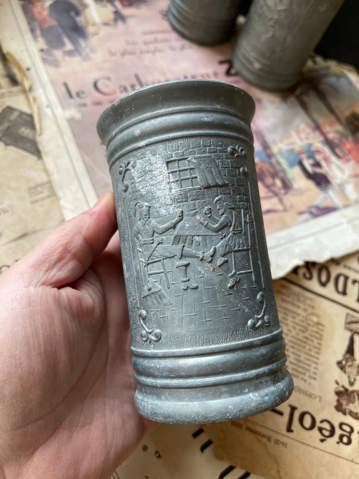 Set of Four Antique Pewter / Tin Beakers Featuring a Tavern Scene - French / Northern European Wine or Ale Cups / Tankard