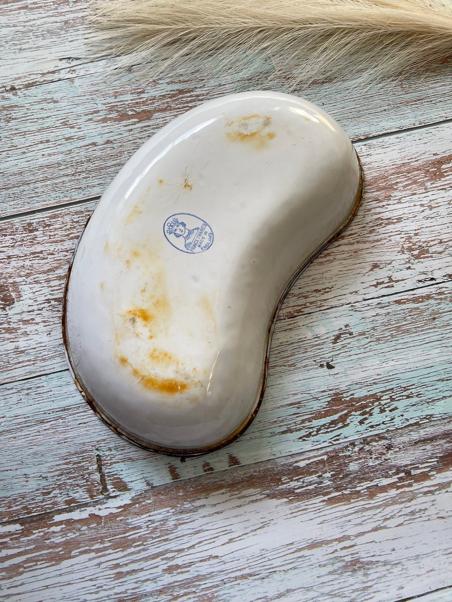 Vintage Enamel Medical Blue and White Chippy Enamel Kidney Dish by Prince of Wares, Trademark of Orme Evans, England