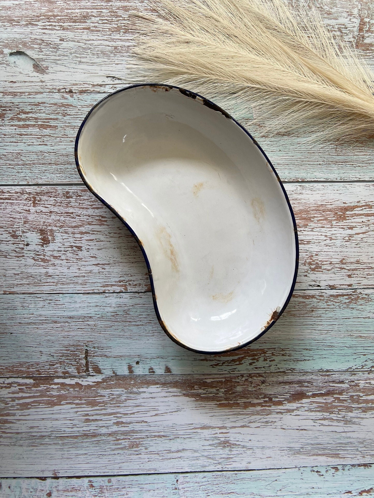 Vintage Enamel Medical Blue and White Chippy Enamel Kidney Dish by Prince of Wares, Trademark of Orme Evans, England