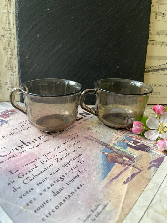 Pair of Vintage Fumé Smoked Glass Arcoroc French Glass Coffee Cups