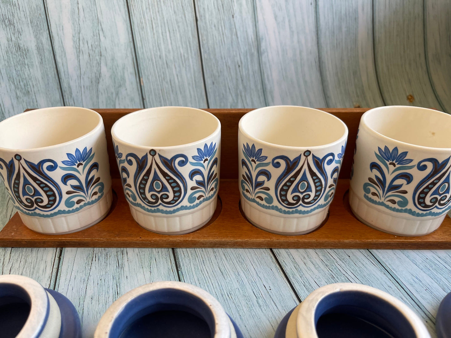 Vintage Palissy Royal Worcester Set of Four Spice Jars on Original Wooden Shelf / Casual Tableware