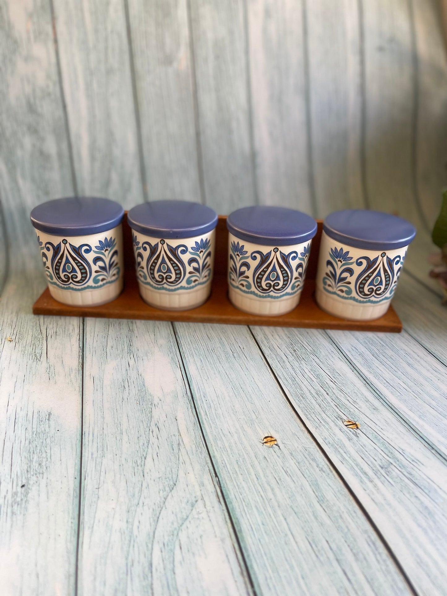 Vintage Palissy Royal Worcester Set of Four Spice Jars on Original Wooden Shelf / Casual Tableware