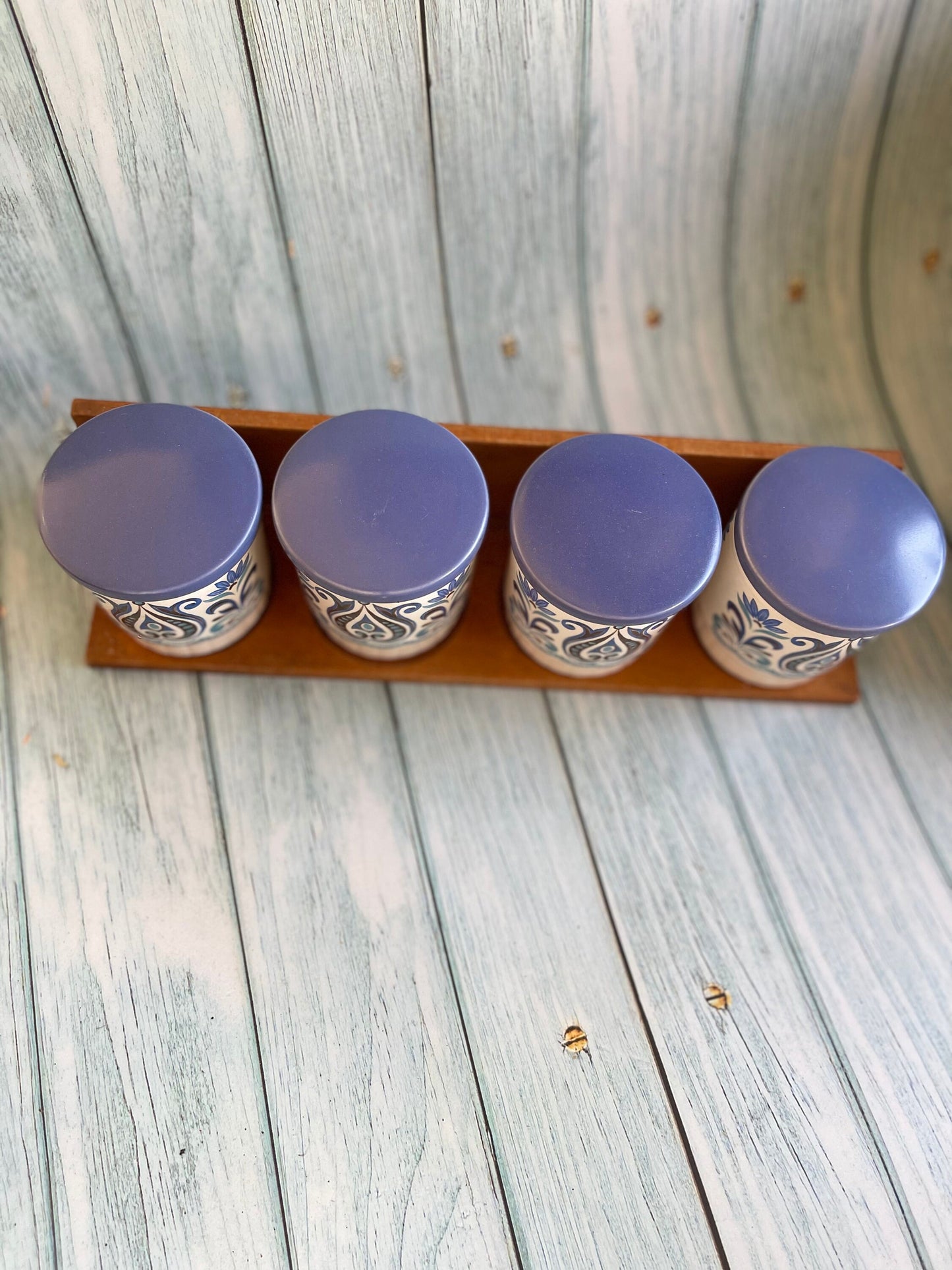 Vintage Palissy Royal Worcester Set of Four Spice Jars on Original Wooden Shelf / Casual Tableware