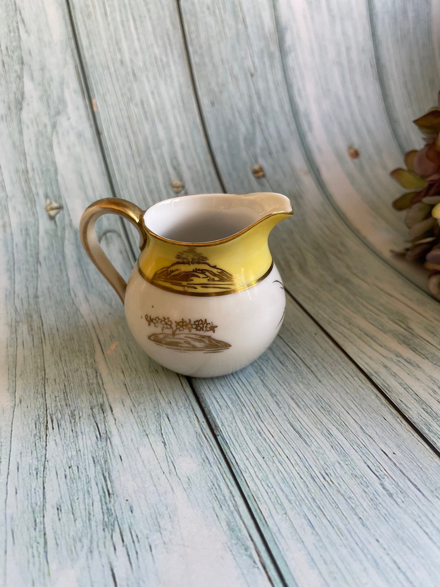 Rare Pattern Tiny Vintage Noritake Japanese Porcelain Jug in Yellow and White with Gold Hand Painted Overlay Design of Blossom Trees