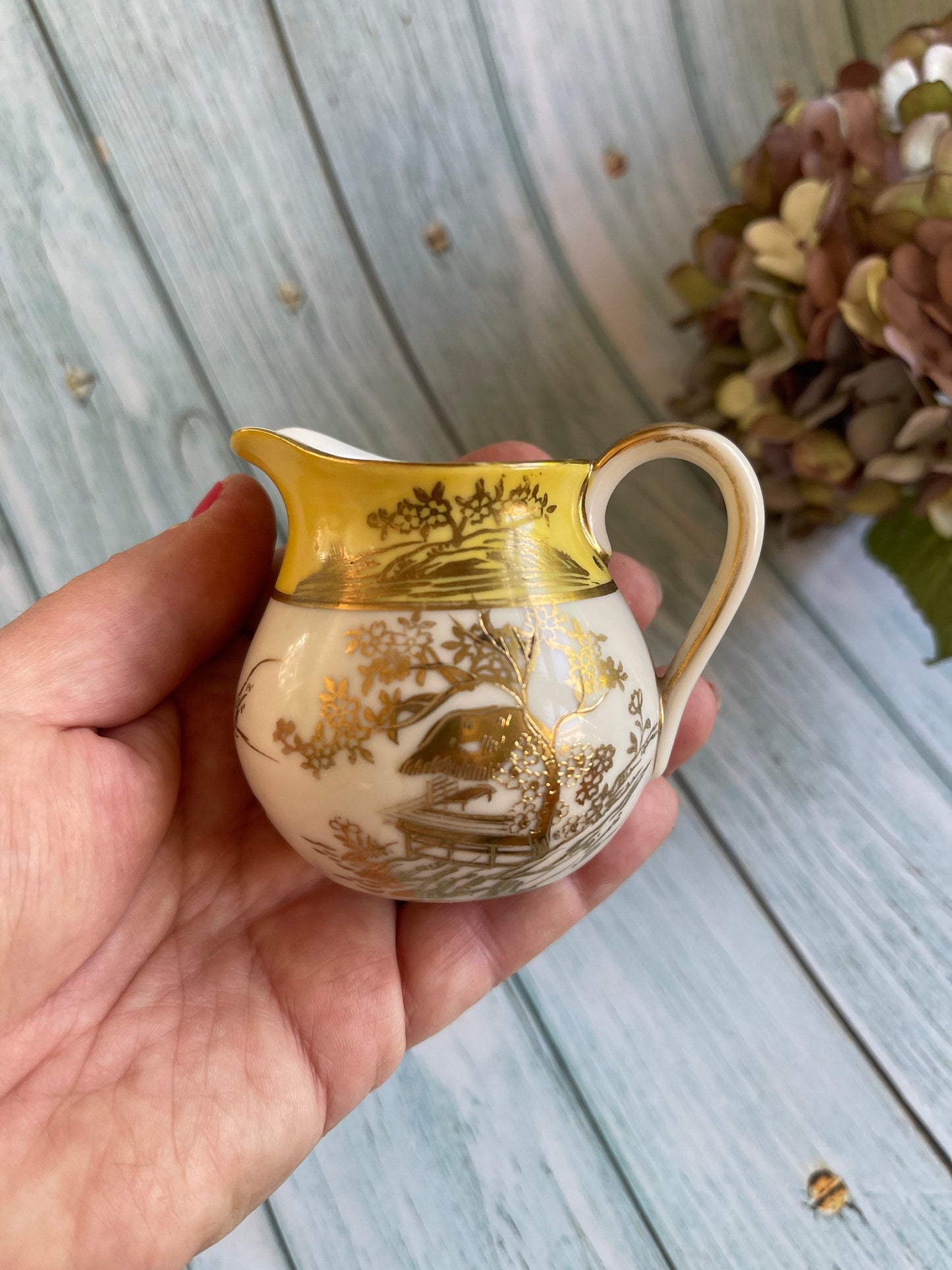 Rare Pattern Tiny Vintage Noritake Japanese Porcelain Jug in Yellow and White with Gold Hand Painted Overlay Design of Blossom Trees