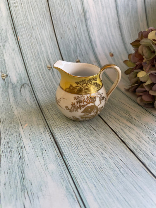 Rare Pattern Tiny Vintage Noritake Japanese Porcelain Jug in Yellow and White with Gold Hand Painted Overlay Design of Blossom Trees