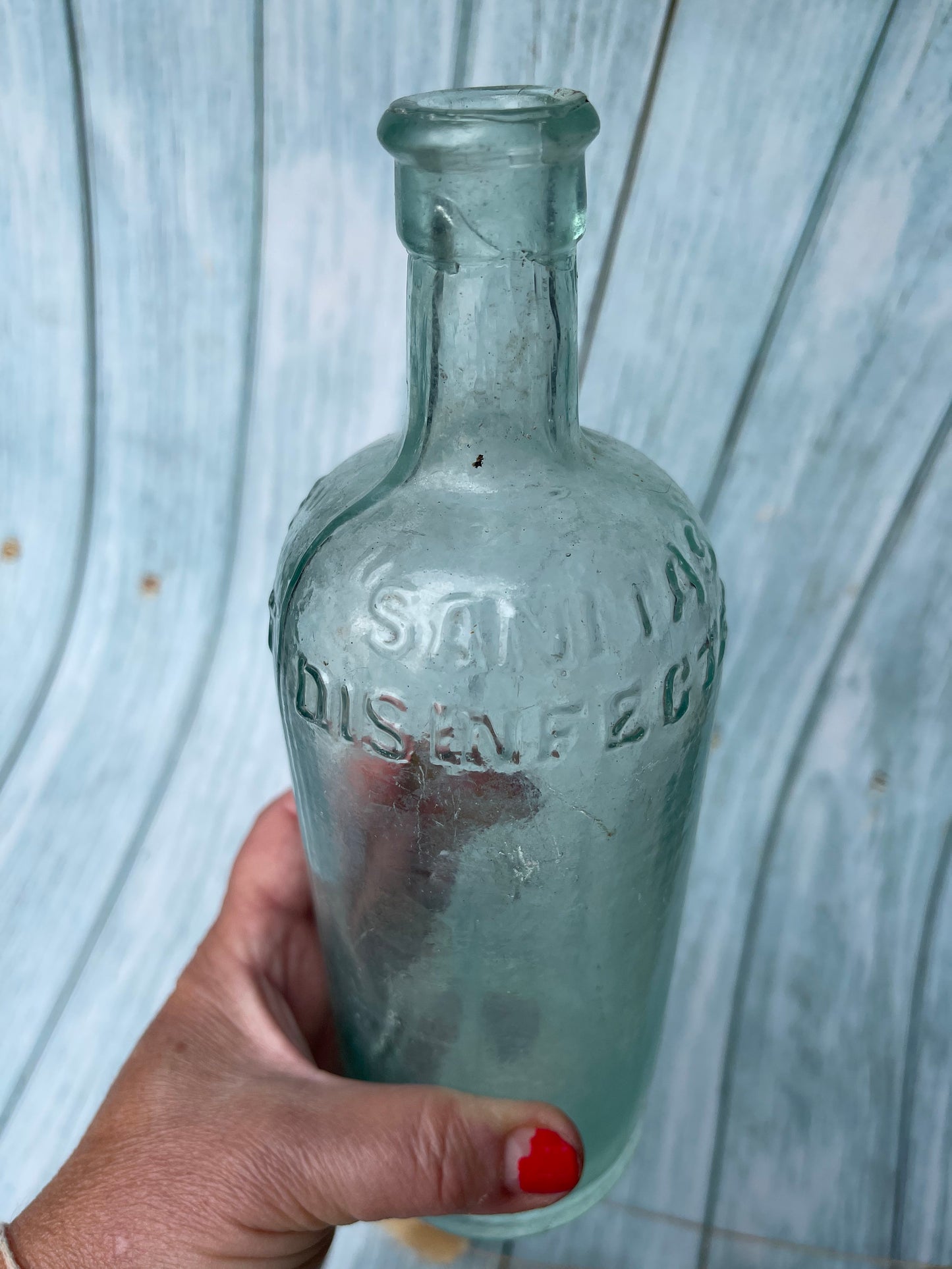 Antique 1920s Sanitas Disinfectant Aqua Glass Bottle