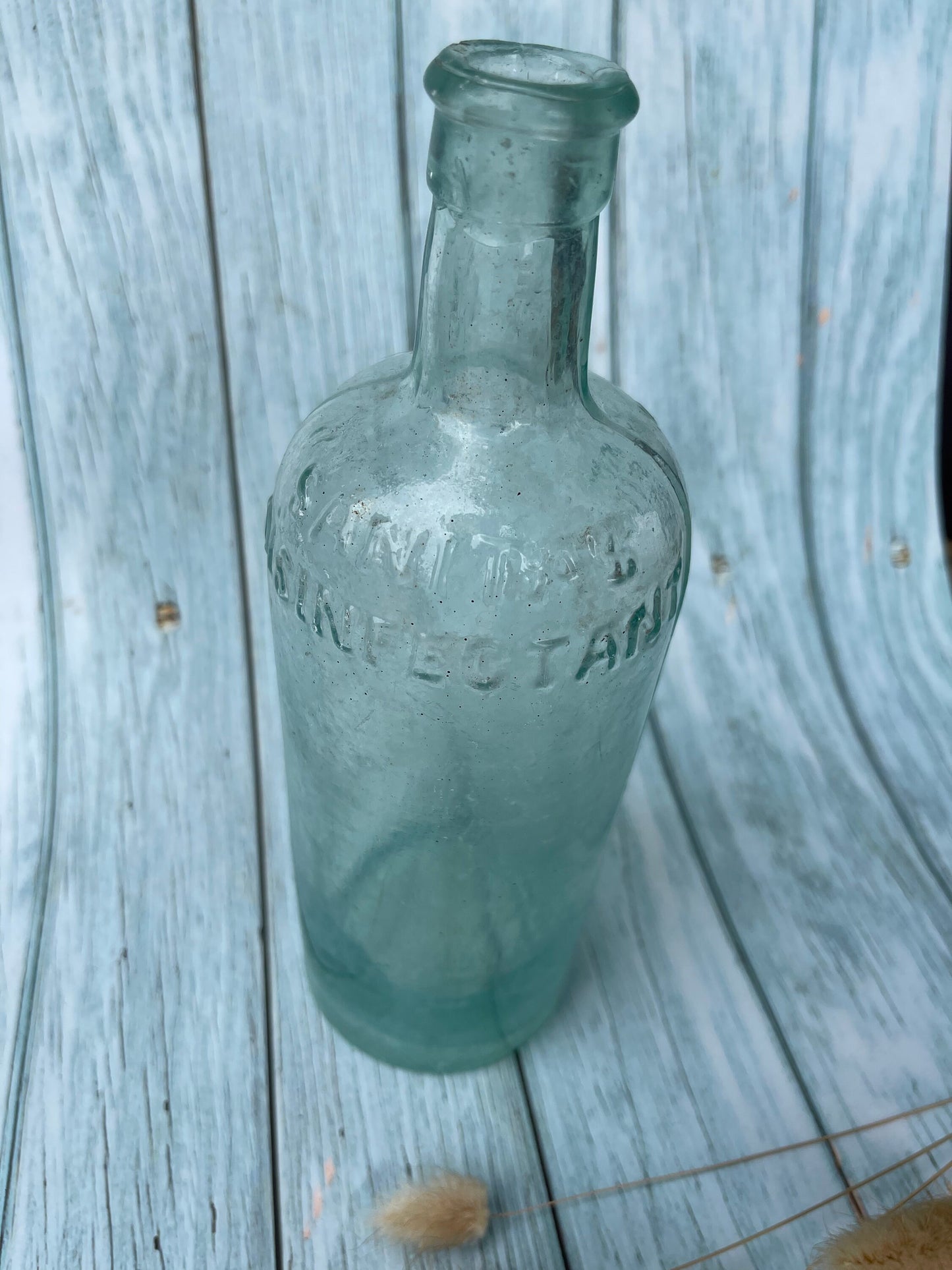 Antique 1920s Sanitas Disinfectant Aqua Glass Bottle