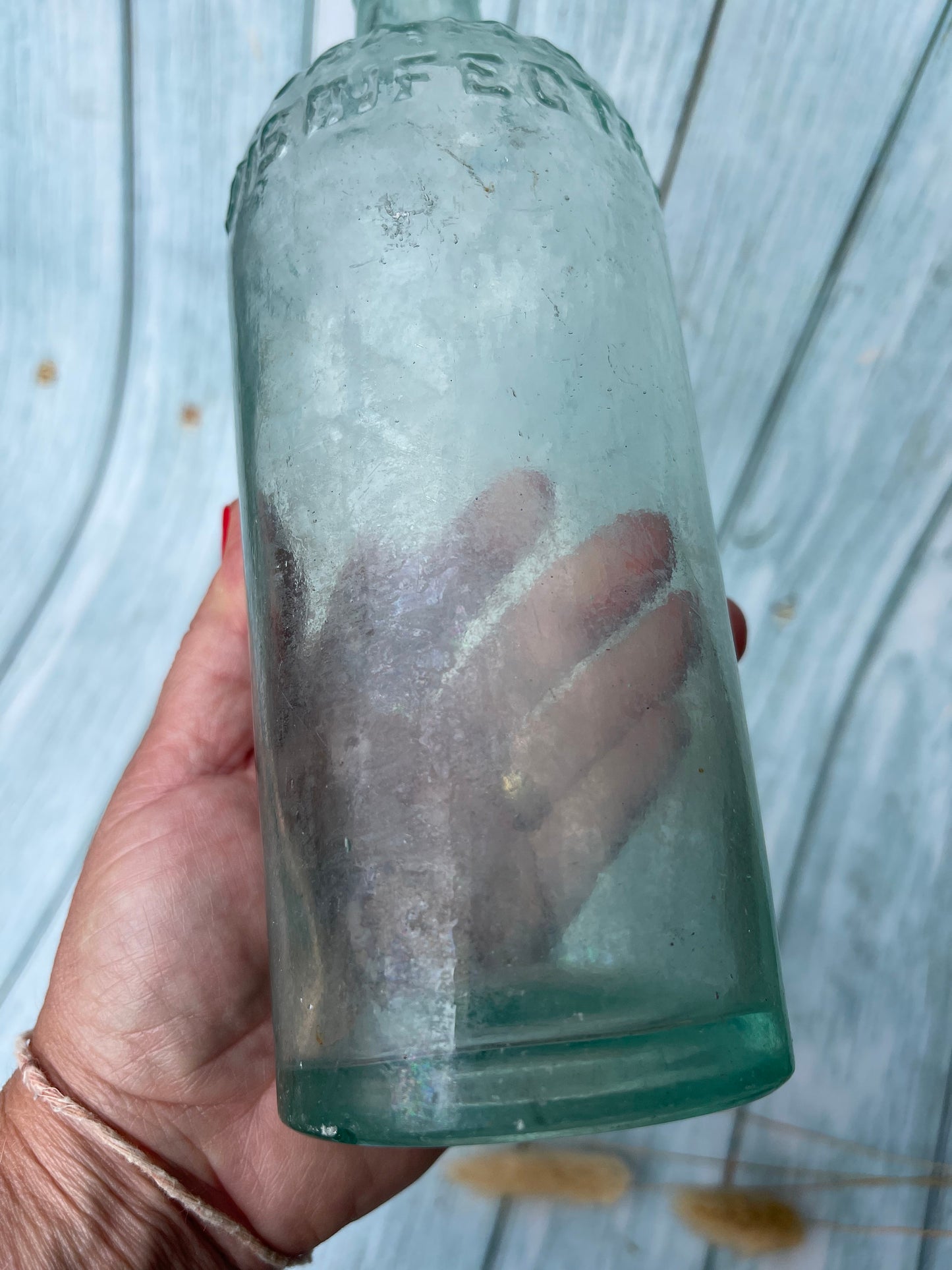 Antique 1920s Sanitas Disinfectant Aqua Glass Bottle