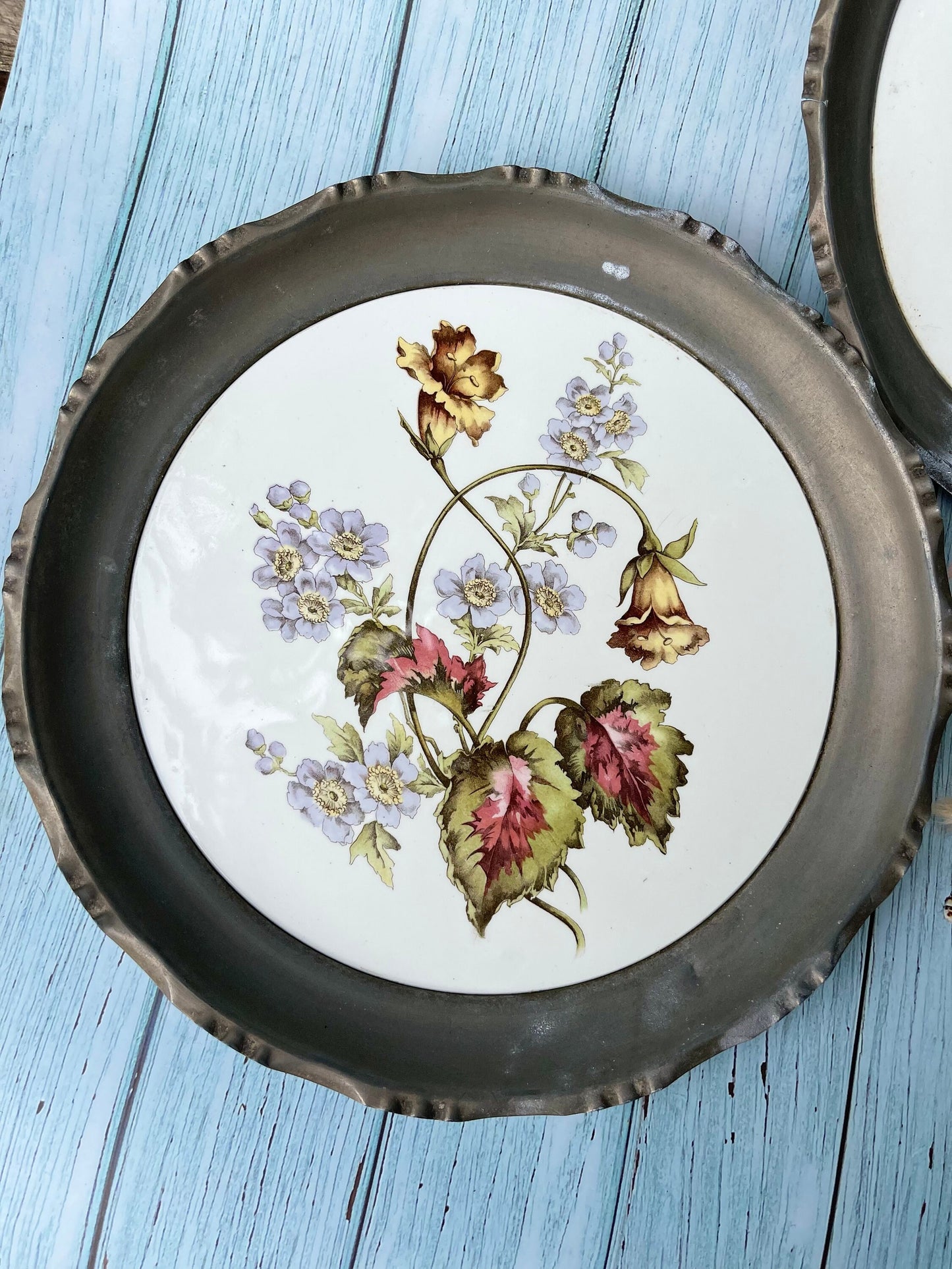 Pair of French Pewter and Porcelain Floral Design Plates