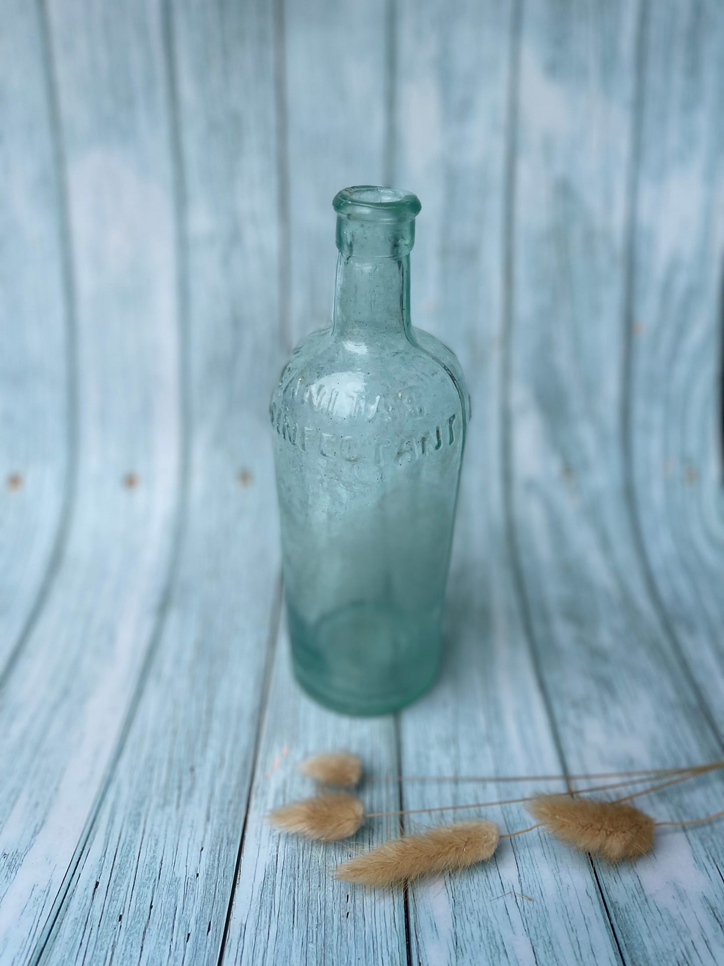 Antique 1920s Sanitas Disinfectant Aqua Glass Bottle