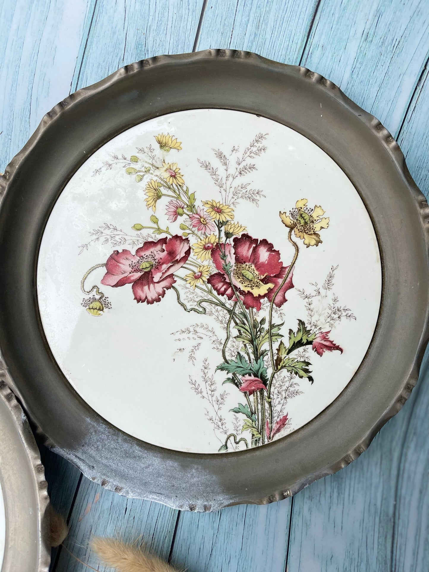 Pair of French Pewter and Porcelain Floral Design Plates