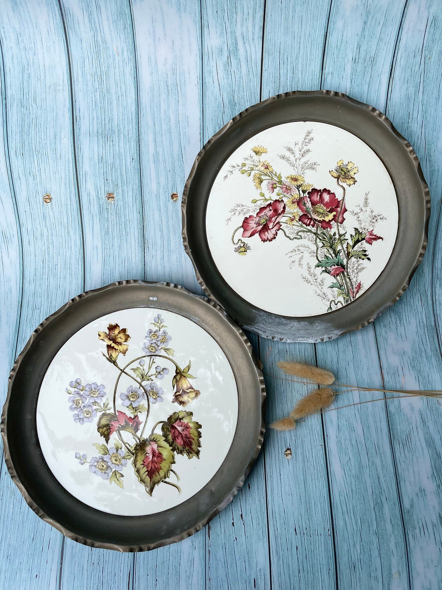 Pair of French Pewter and Porcelain Floral Design Plates