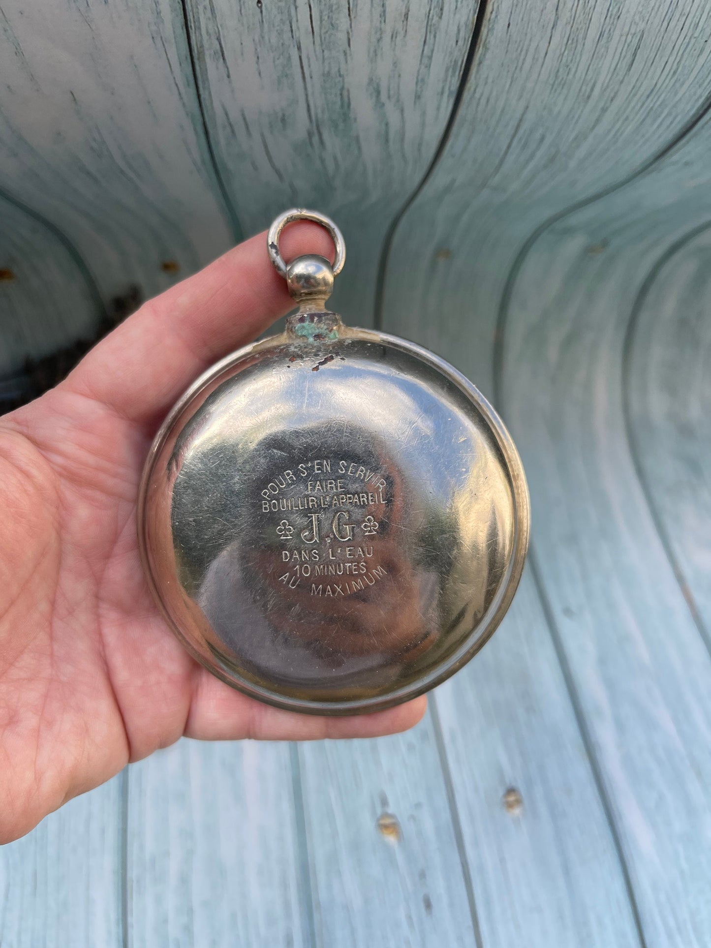 Antique French Circular Silver Metal Hand Warmer by  J.G. - Solid, Heats in Boiling Water, With Hanging Loop