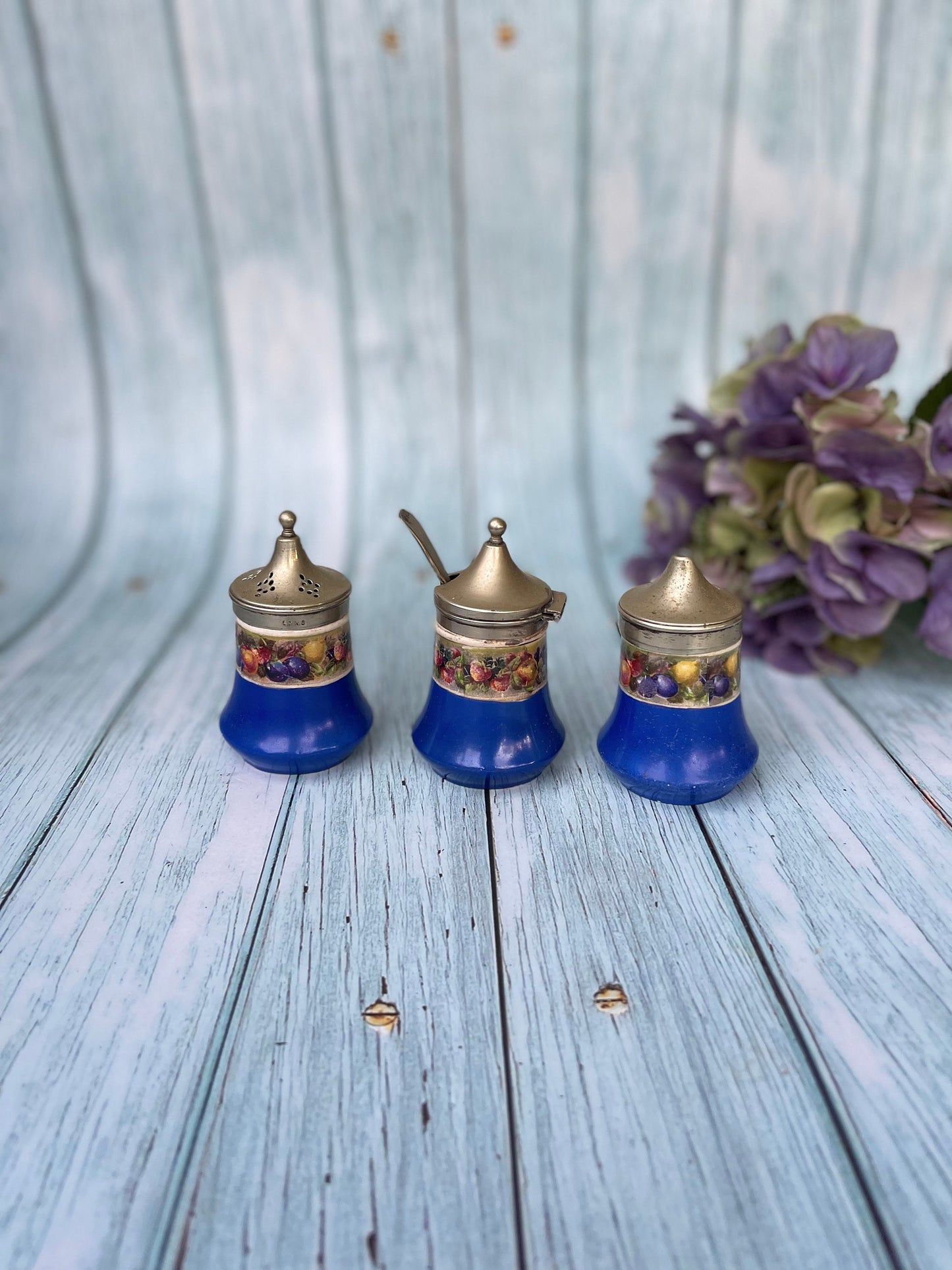 Pretty Blue Ceramic Antique Cruet Set with Transfer Print Design of Fruits and EPNS Silver Plated Lids